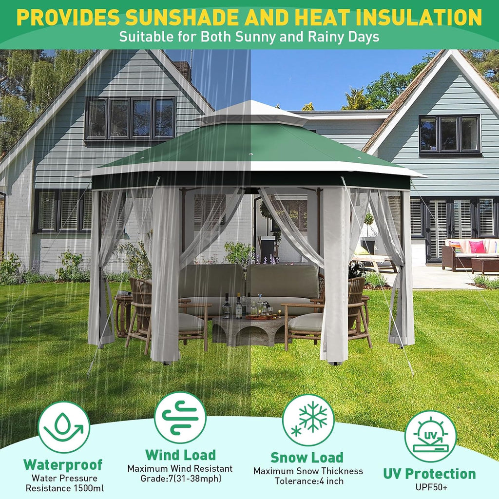 13'x13' Pop Up Gazebo with Mosquito Netting, Canopy Tent with Portable Carry Bag, Outdoor Gazebo for Backyard & Patio Furniture, Double-Layer Outdoor Pergola for Lawn, Garden, Green