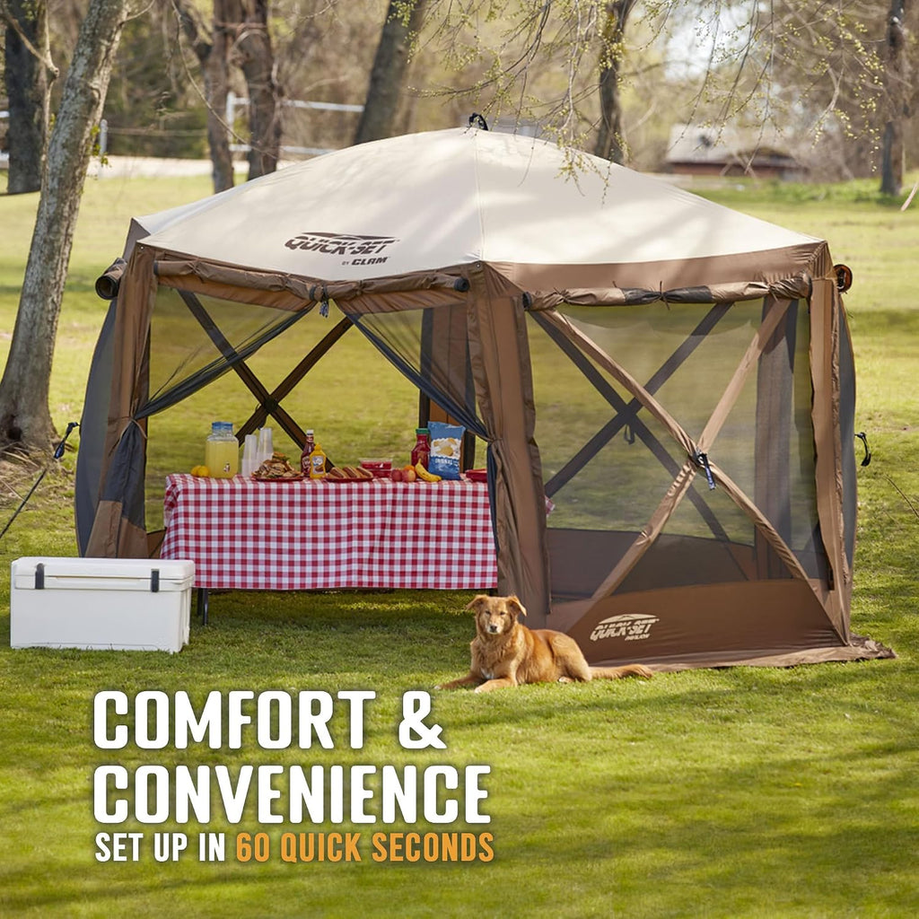 CLAM Quick Set Pavilion 12.5 x 12.5 Foot Portable Pop Up Outdoor Camping Gazebo Screen Tent Canopy Shelter and Carry Bag with Tarp Cover, Brown