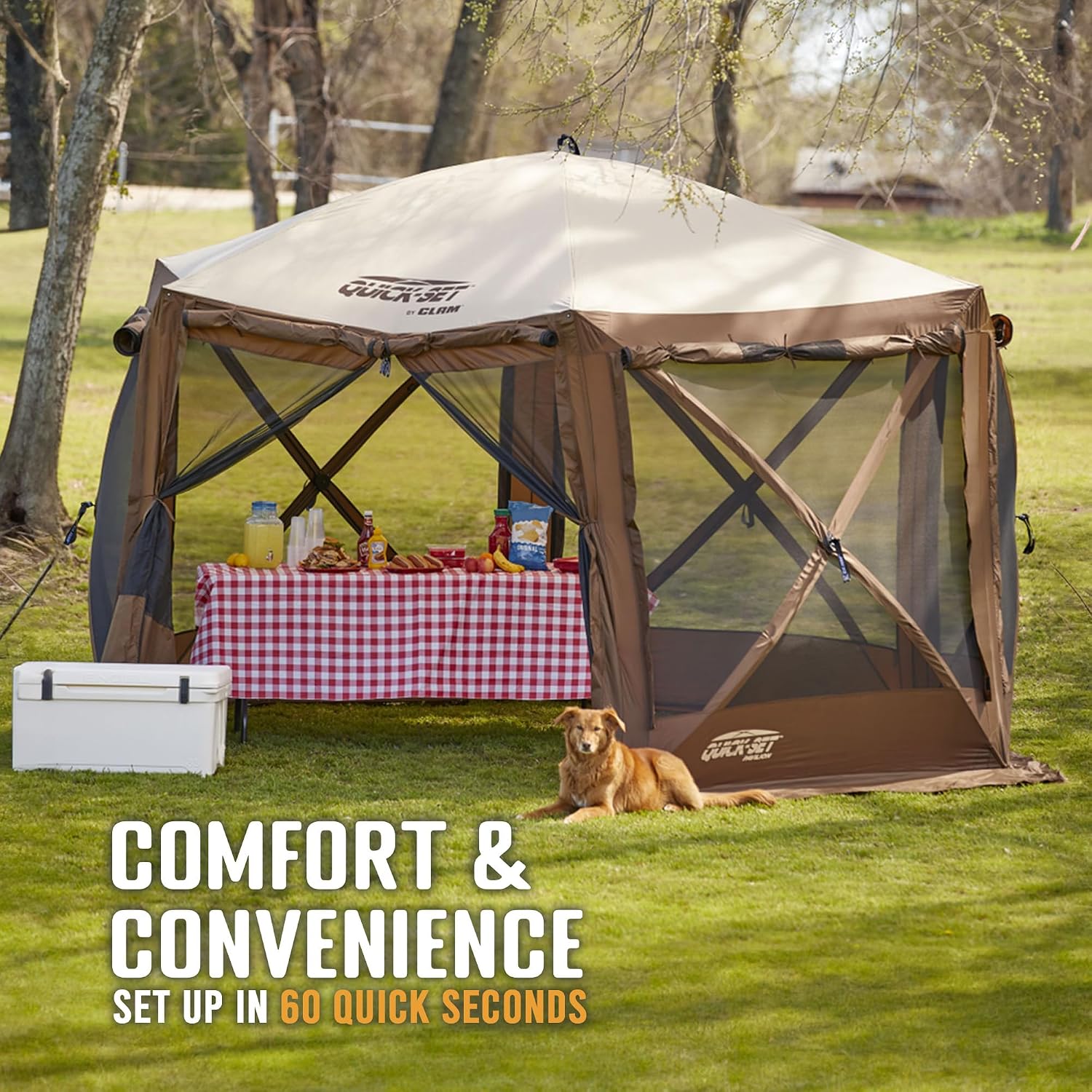 CLAM Quick Set Pavilion 12.5 x 12.5 Foot Portable Pop Up Outdoor Camping Gazebo Screen Tent Canopy Shelter and Carry Bag with Tarp Cover, Brown