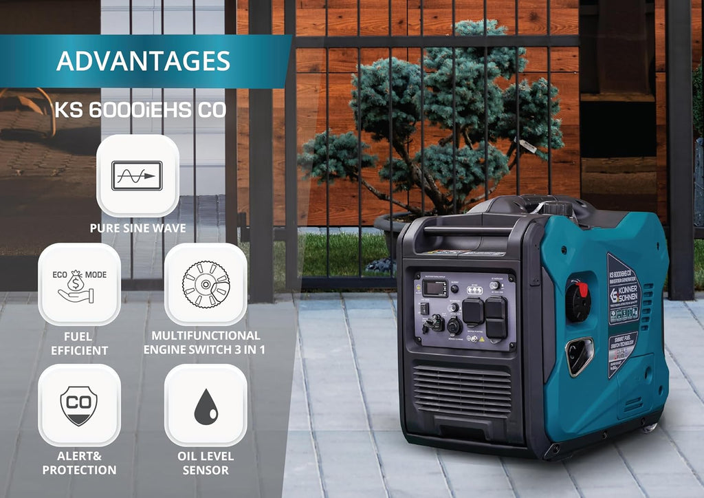 Konner&Sohnen Dual Fuel Inverter Generator - 6000W, 120/240V, Portable and Lightweight, Super Quiet with CO Sensor and Fuel-Efficient Technology, Gas & LPG Powered (German brand,model:KS 6000iEHS CO)
