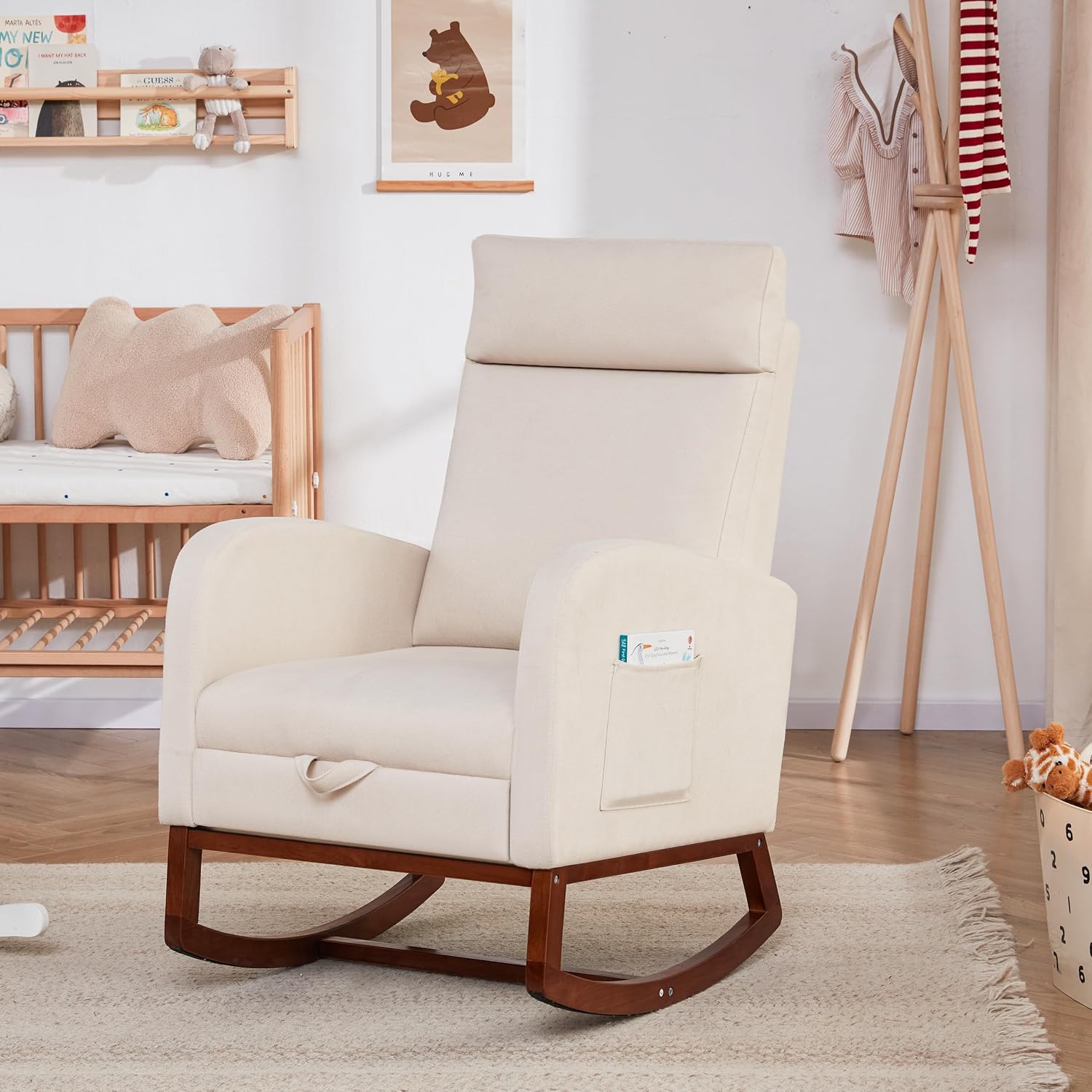 Rocking Chair with Foot Rest, Ergonomic Nursery Chair with High Back, Baby Glider Rocker, Nursing Chair Accent Living Room (Linen Beige)
