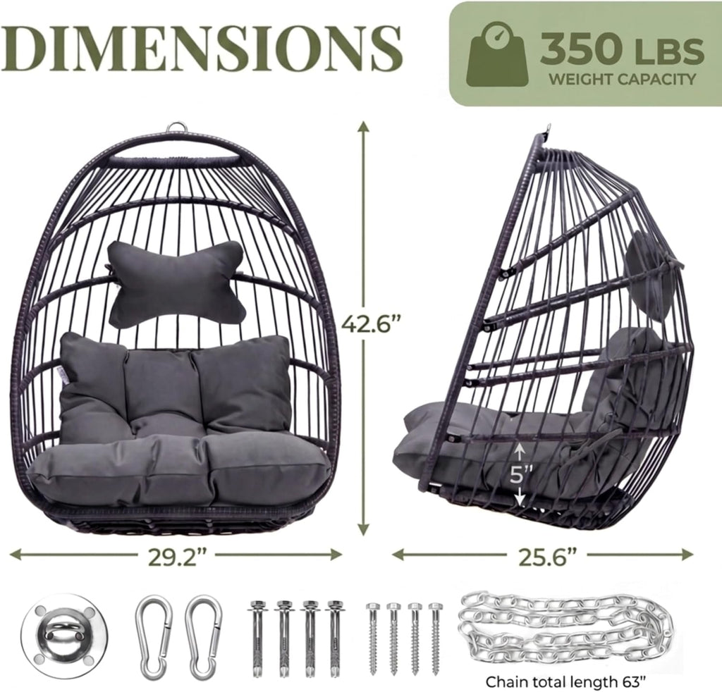 RADIATA Foldable Hanging Egg Swing Chair No Stand, Indoor Outdoor Wicker Basket Chair with Comfy Cushion, 350Lbs Durable Portable Hanging Hammock Seat for Bedroom Patio Porch Balcony, Dark Grey