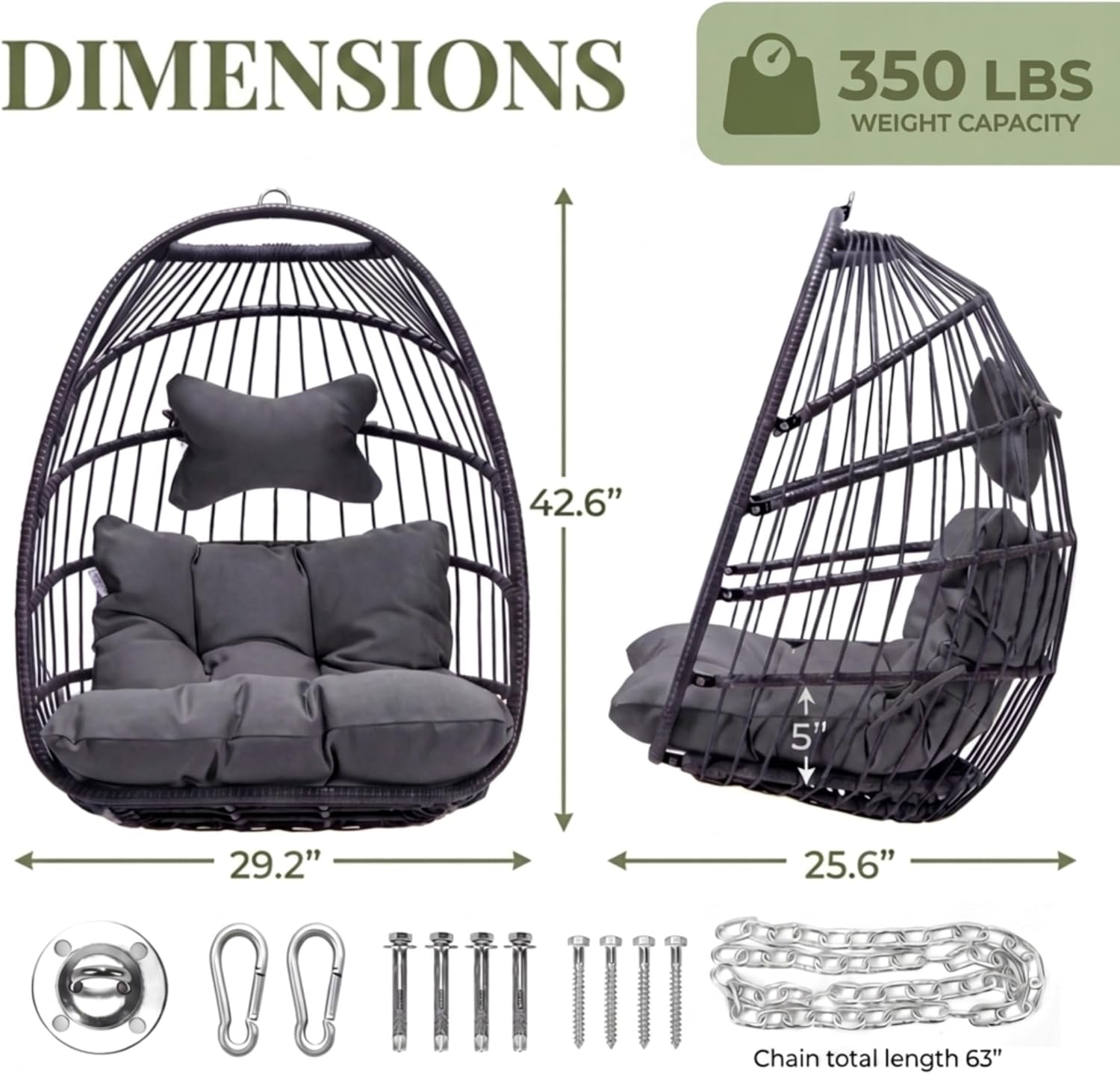 RADIATA Foldable Hanging Egg Swing Chair No Stand, Indoor Outdoor Wicker Basket Chair with Comfy Cushion, 350Lbs Durable Portable Hanging Hammock Seat for Bedroom Patio Porch Balcony, Dark Grey
