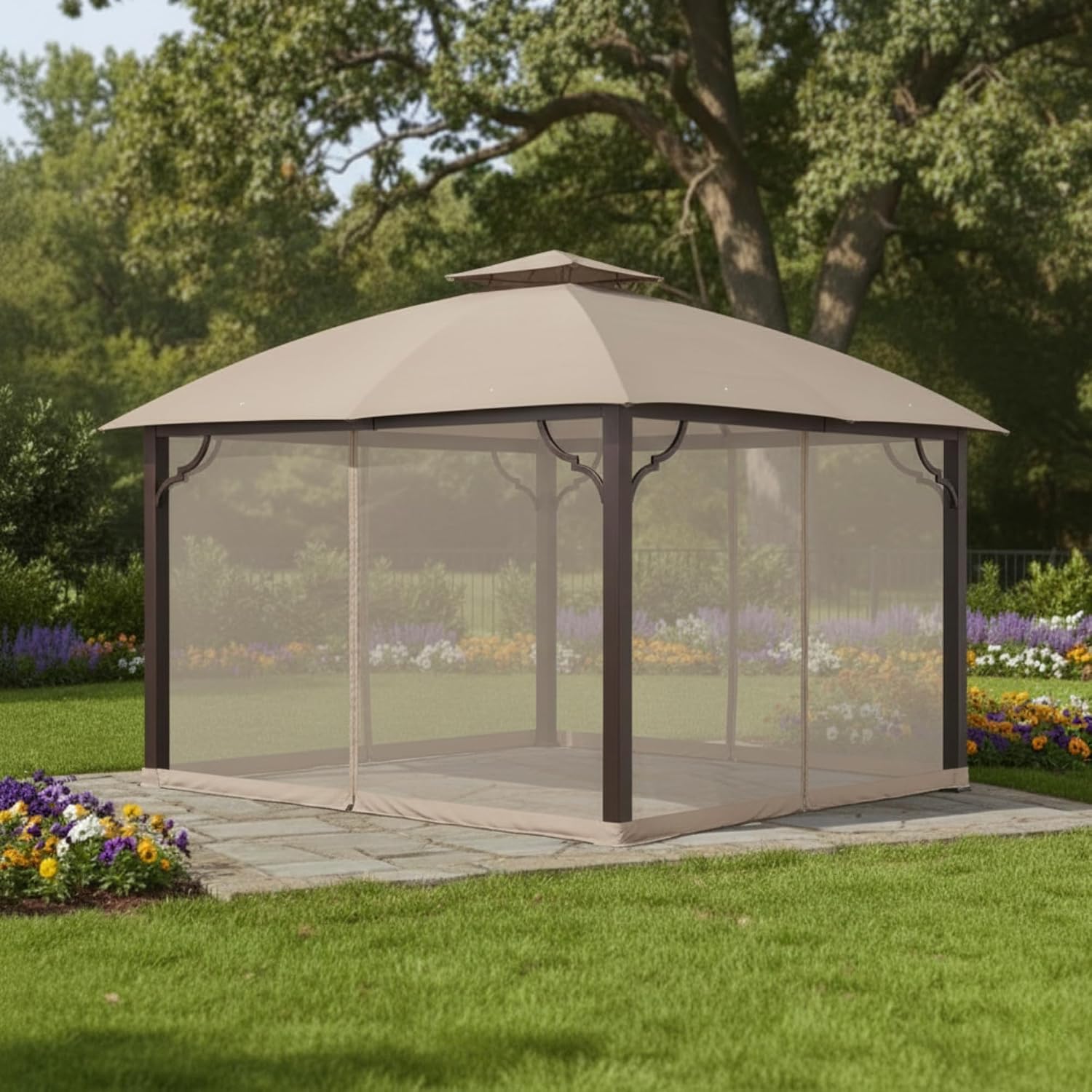 Garden Winds Reinforced RipLock 350 Replacement Canopy Top and Netting Set Compatible with Berkley Jensen 10' x 12' Gazebo Models A101010200, A111016100 - Beige