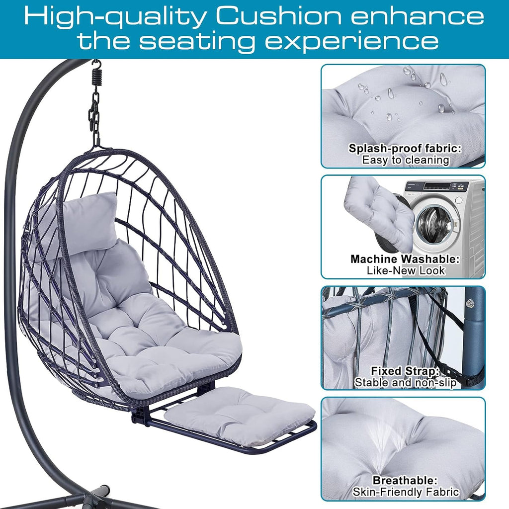 Hanging Egg Chair with Leg Rest and Stand – Rattan Wicker Swing Hammock Chair, UV-Resistant Cushion, Heavy-Duty Frame for Indoor & Outdoor Patio, Bedroom, Balcony, Garden – 330 lbs Capacity(Grey)