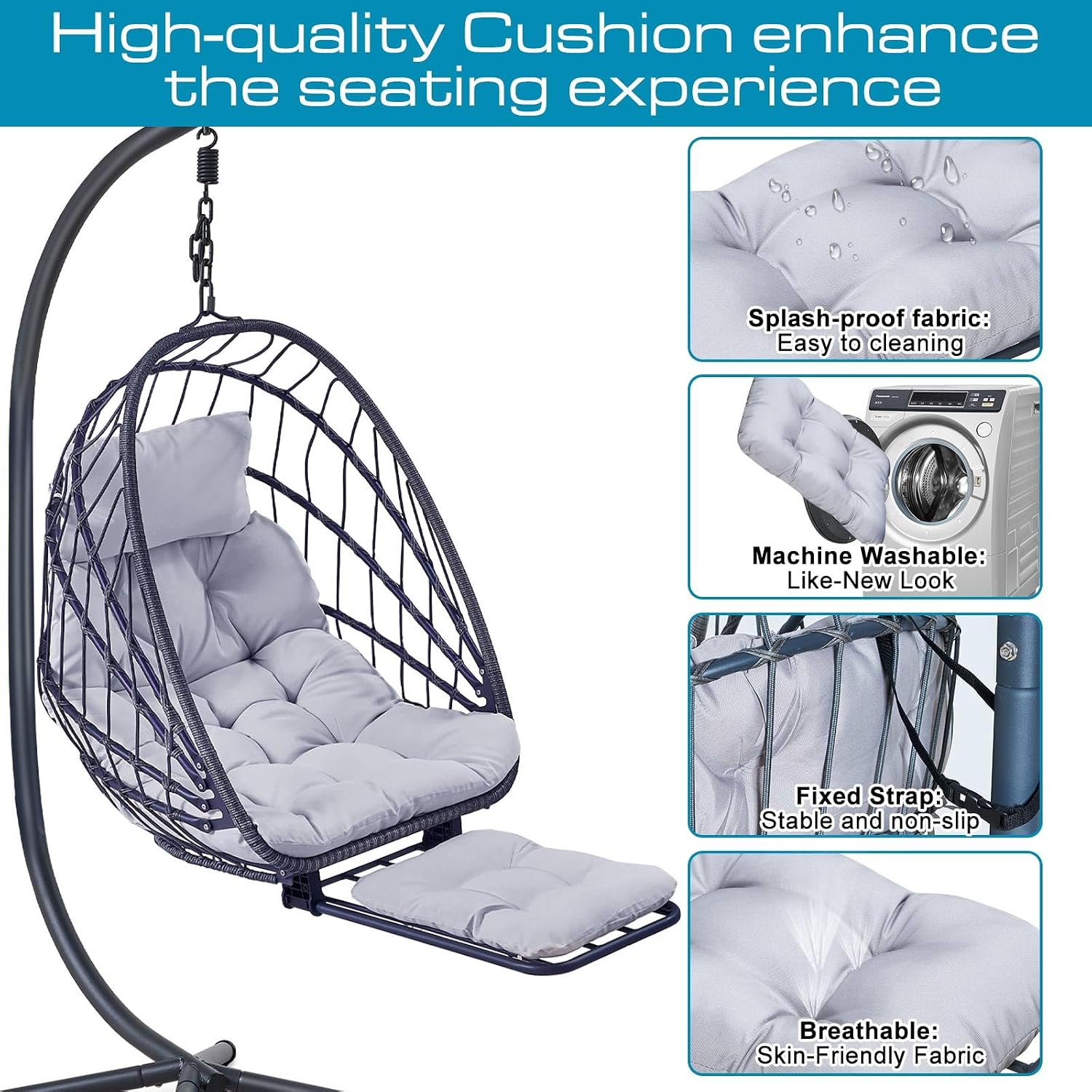 Hanging Egg Chair with Leg Rest and Stand – Rattan Wicker Swing Hammock Chair, UV-Resistant Cushion, Heavy-Duty Frame for Indoor & Outdoor Patio, Bedroom, Balcony, Garden – 330 lbs Capacity(Grey)