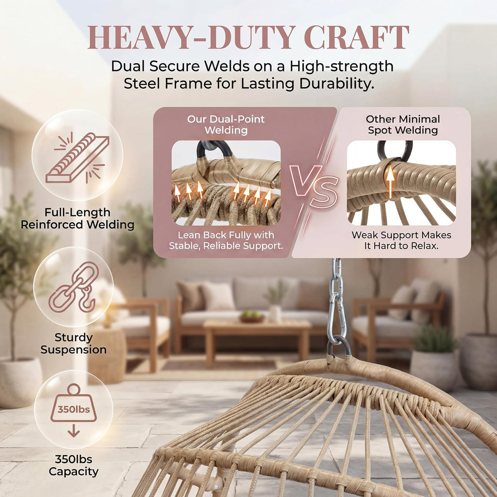 BULEXYARD Wicker Egg Chair Without Stand, 350 Lbs Foldable Rattan Swing with Cozy Padded Cushion, All-Season Hanging Hammock Basket for Outdoor Patio Balcony Bedroom Garden Tree Ceiling, Beige