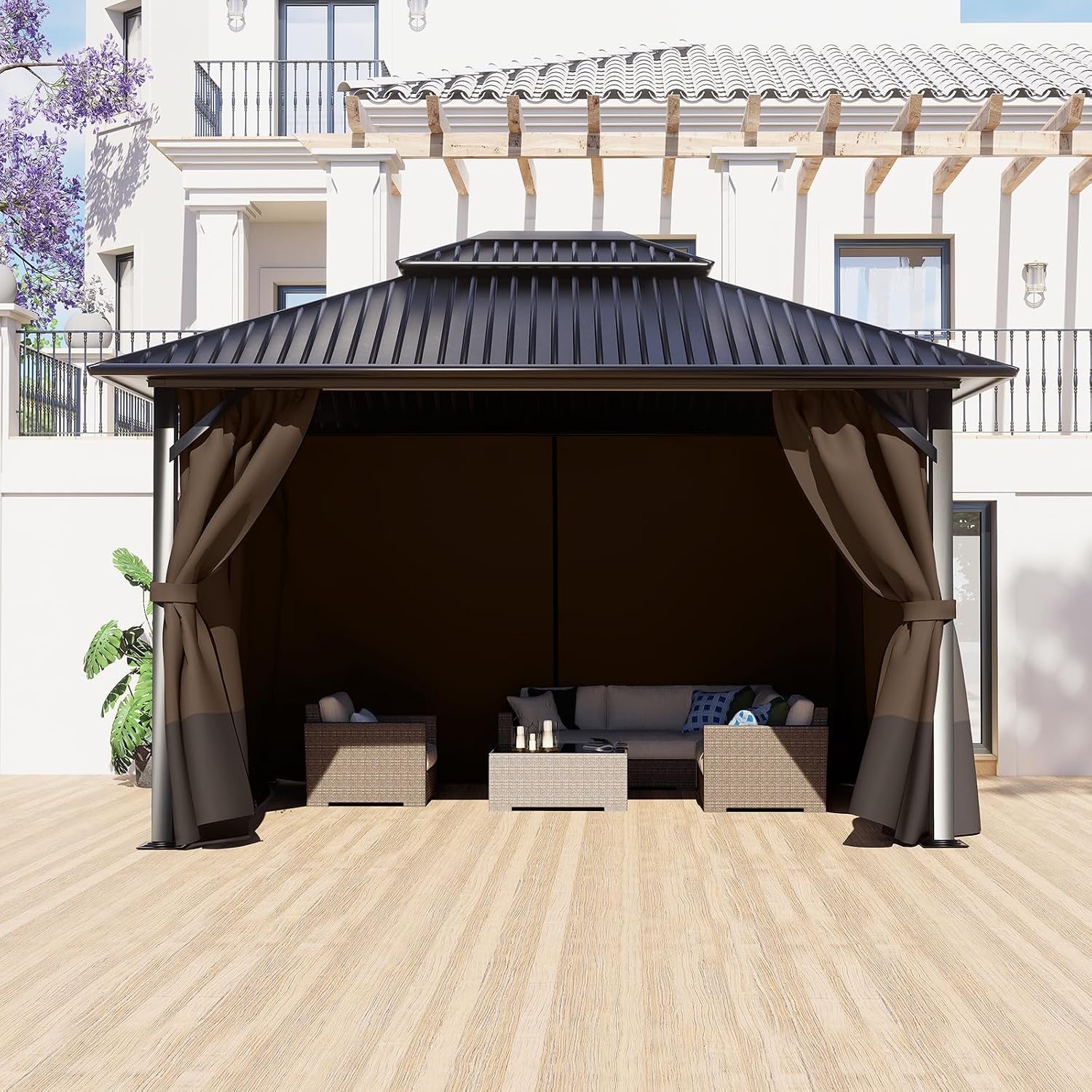 BPS 12' x 16' Gazebo Privacy Curtains with Double Zipper, 4-Panels Side Wall Universal Gazebo Side Panels Replacement for Patio, Outdoor Canopy, Garden and Backyard (Curtain Only)