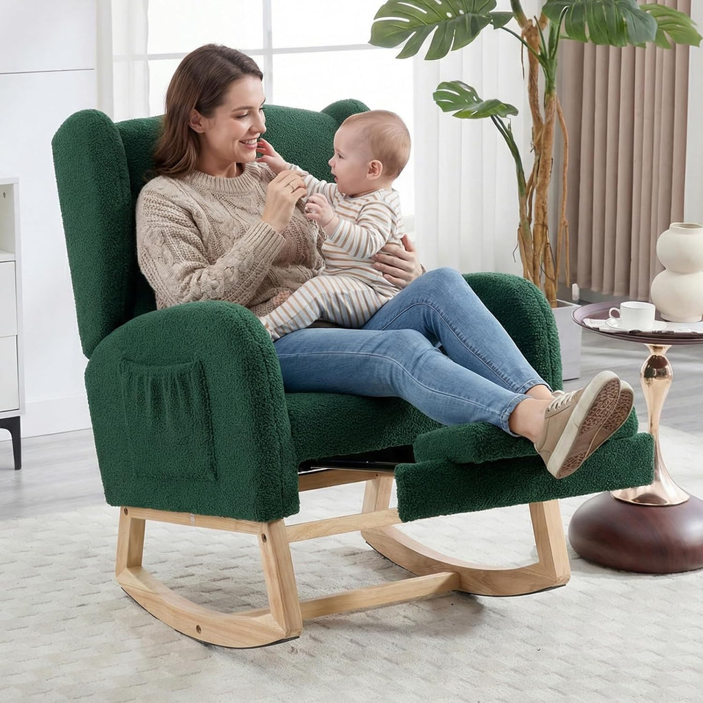 NIOIIKIT Nursery Rocking Chair with Footrest, Teddy Upholstered Glider Chair, Nursery Gliding Recliner with Side Pocket, Glider Rocker for Living Room (Green Teddy)
