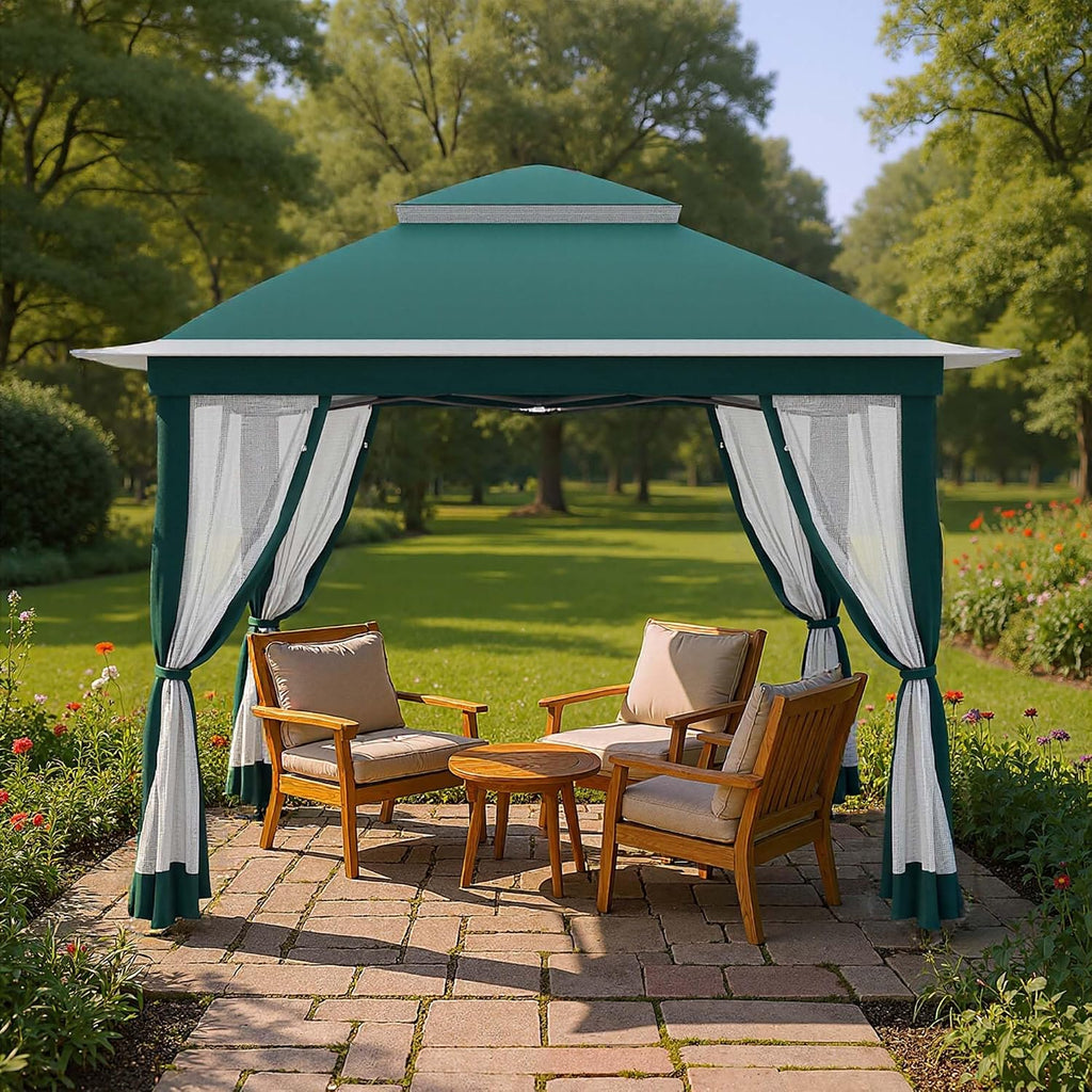 Pop Up Gazebo 11x11, Outdoor Instant Canopy Shelter Tent with Mosquito Netting Metal Frame Storage Bag for Patio Garden Backyard.(Green)