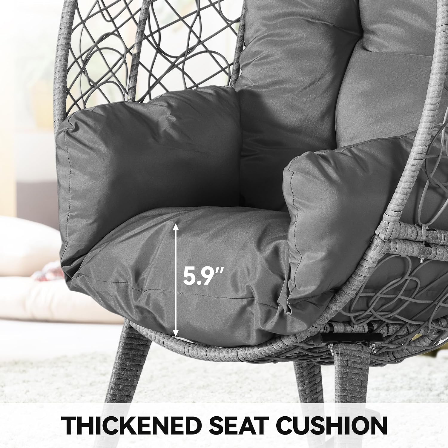 YITAHOME Wicker Rocking Egg Chair with Cushioned Comfort, Patio Rocker 250lb Capacity, Anti-Slip, All-Weather Resilient Rattan Design for Indoor & Outdoor Relaxation Spaces, Grey