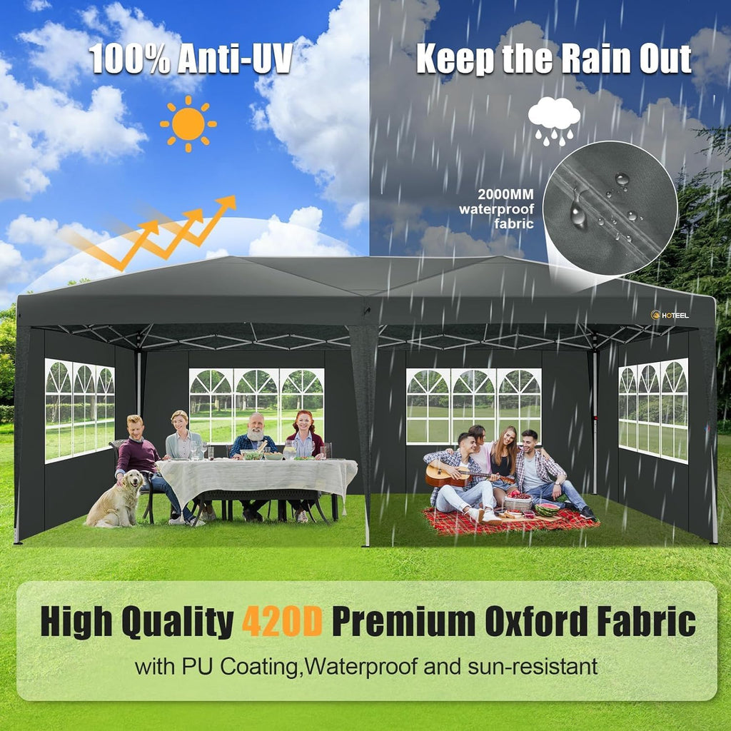 HOTEEL 10x20 Pop up Canopy Tent with 6 sidewalls Easy Up Commercial Outdoor Wedding Party Tents for Parties All Season Wind & Waterproof Gazebo Bag, Gray (Upgraded)