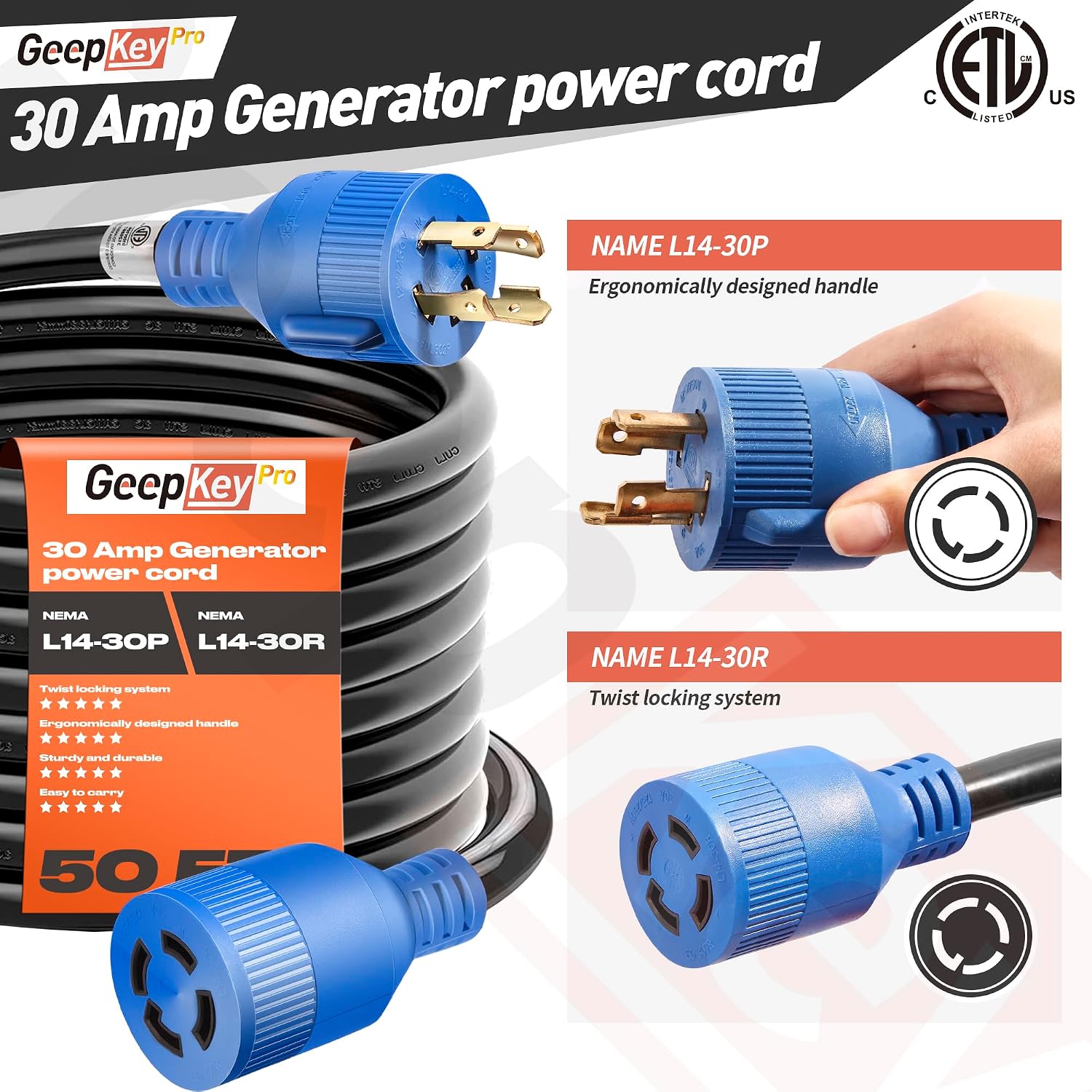30 Amp Generator Cord and Power Inlet Box [Pre-Drilled], 50FT Generator Cords 30 Amp,125/250 Volt 7500 Watts Generator Power Cord NEMA L14-30P PB30 Twist Lock Connector