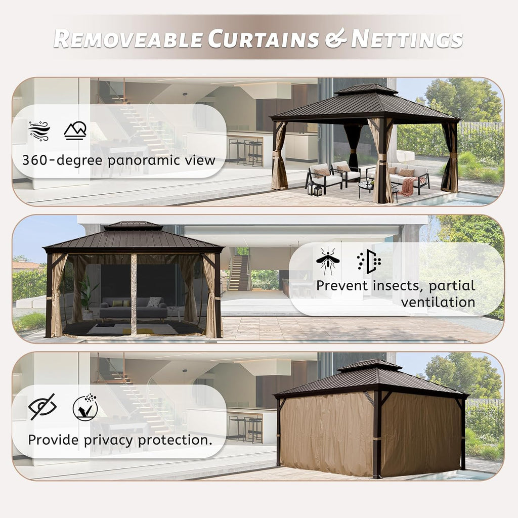 10' x 12' Outdoor Hardtop Gazebo with Gutters, Double Roof Galvanized Metal Gazebo for Backyard, Patio, Deck, Hot Tub, Heavy Duty Canopy Permanent Pavilion with Curtains and Netting, Brown