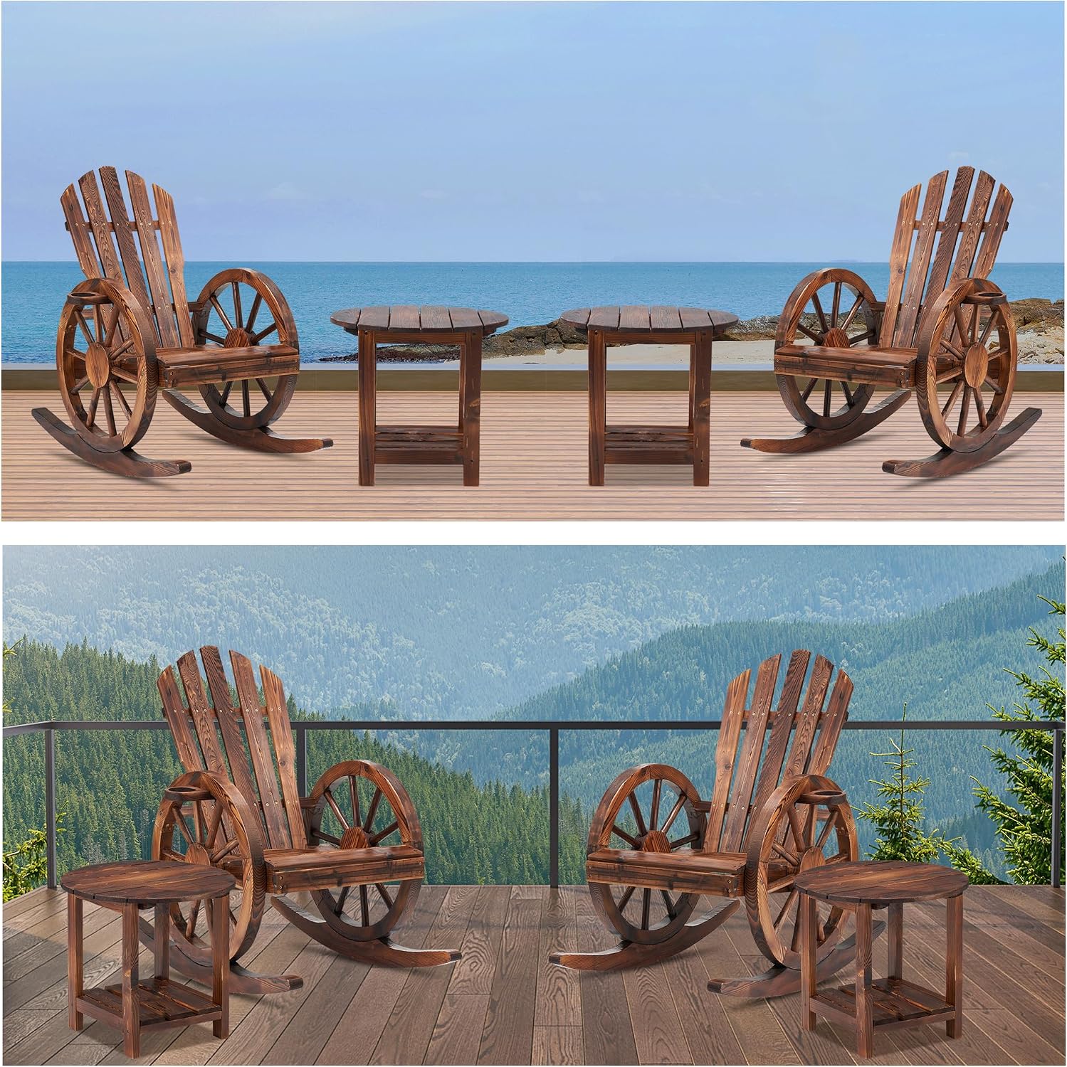 Spurgehom 4 Pieces Outdoor Wood Rocking Chair Set, 2 Patio Decor Yard Glider Rocking Chairs with 2 Side Tables, Adirondack Rocking Chair for Porch Lawn Garden Balcony Poolside（4PC）