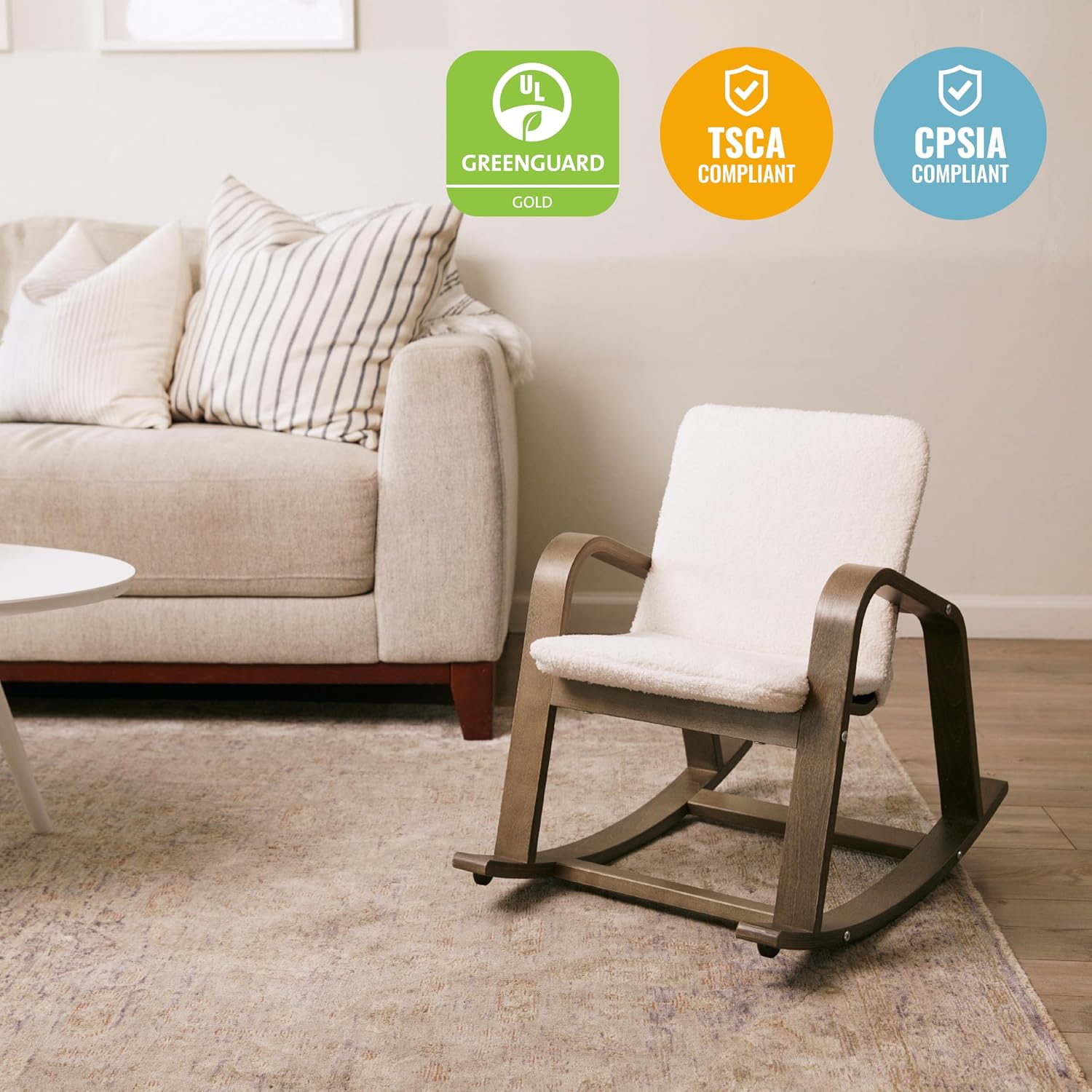 ECR4Kids Bentwood Reading Rocking Chair with Armrests and Cushion, Montessori Furniture, Grey Wash