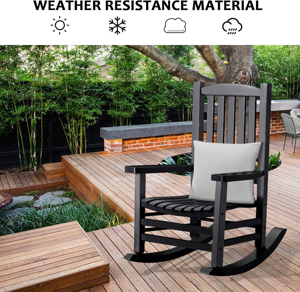 Hupmad Wooden Rocking Chair Outdoor Oversized Porch Rocker Chair,Patio Wooden Rocker with High Back and Armrest,All Weather Rocker Slatted for Backyard,Garden,400 lbs Support,Black