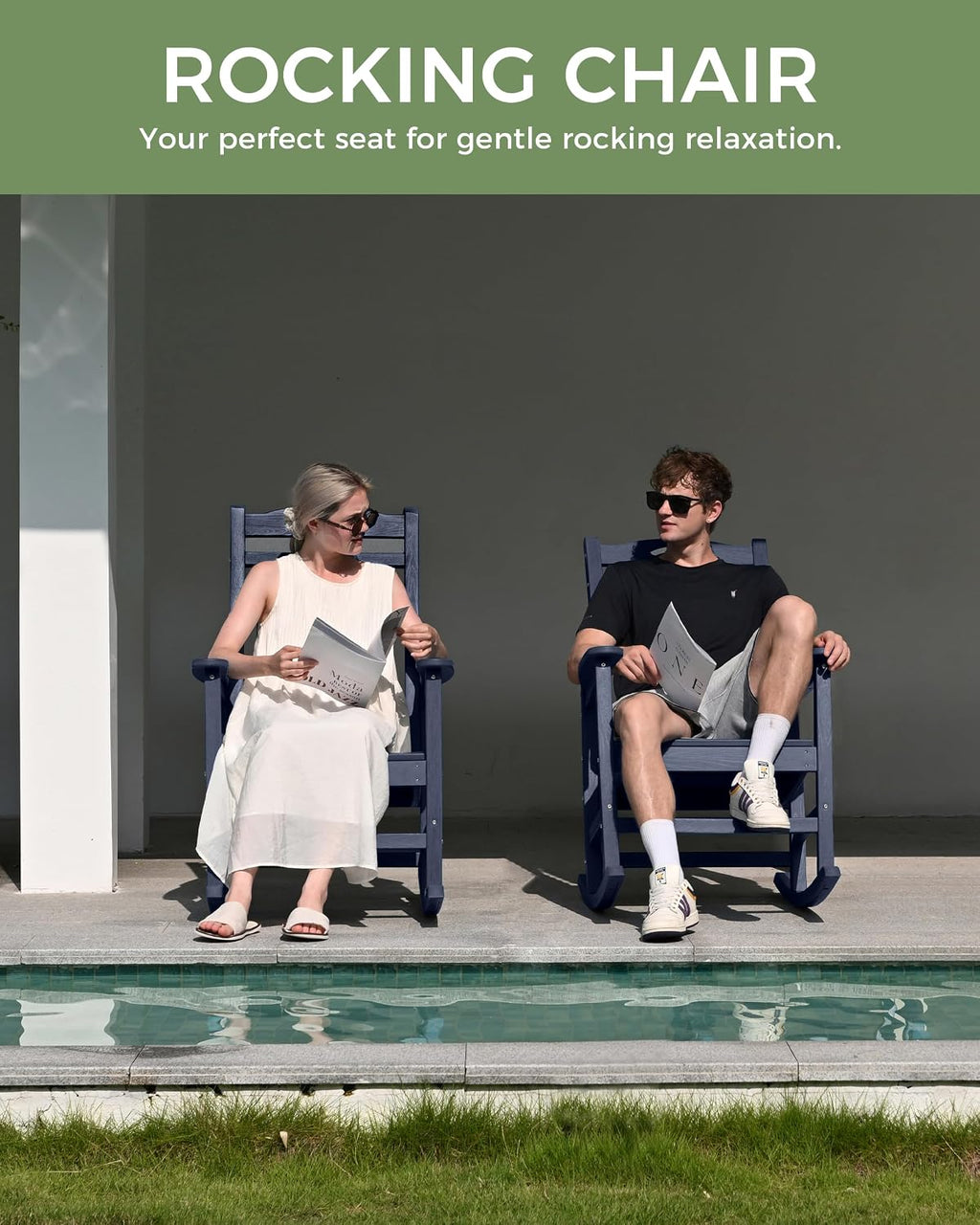 Oversized Outdoor Rocking Chair, High Back Porch Rocker Chair, HDPE All Weather Resistant Rocking Chairs for Patio, 380lbs Weight Capacity, Dark NavyBlue