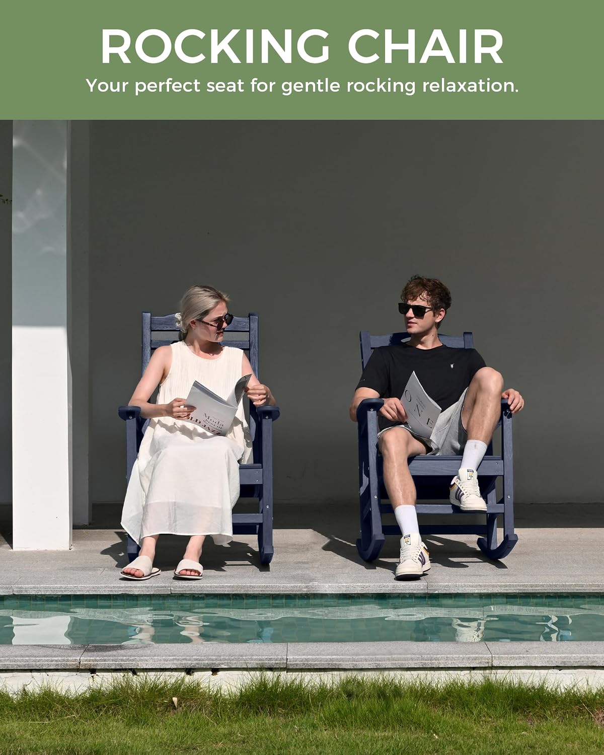 Oversized Outdoor Rocking Chair, High Back Porch Rocker Chair, HDPE All Weather Resistant Rocking Chairs for Patio, 380lbs Weight Capacity, Dark NavyBlue