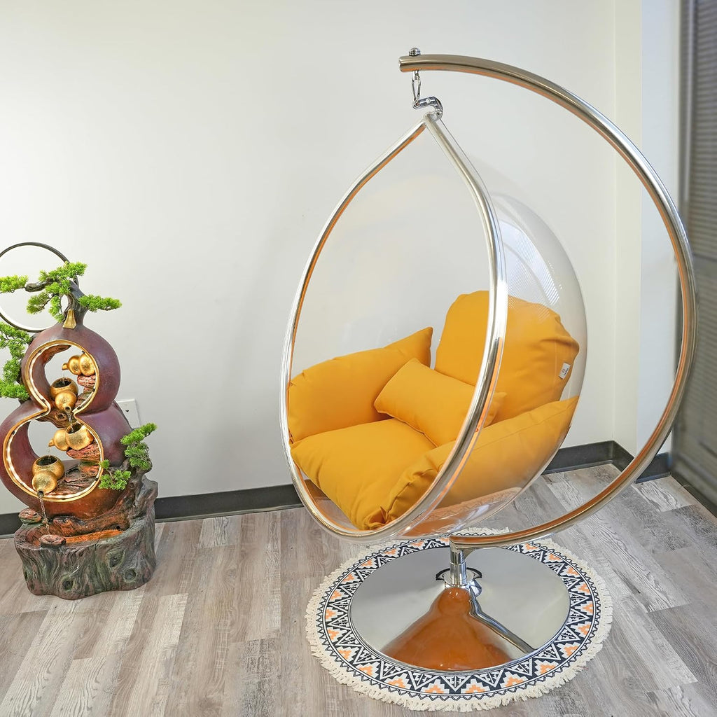Hanging Chair - Transparent Acrylic Bubble, Waterdrop Shape, Indoor Swing Chair with Gold/Chrome Stand, Durable Fabric Cushion - Luxury Accent for Living Room, Bedroom (Chrome/Yellow)