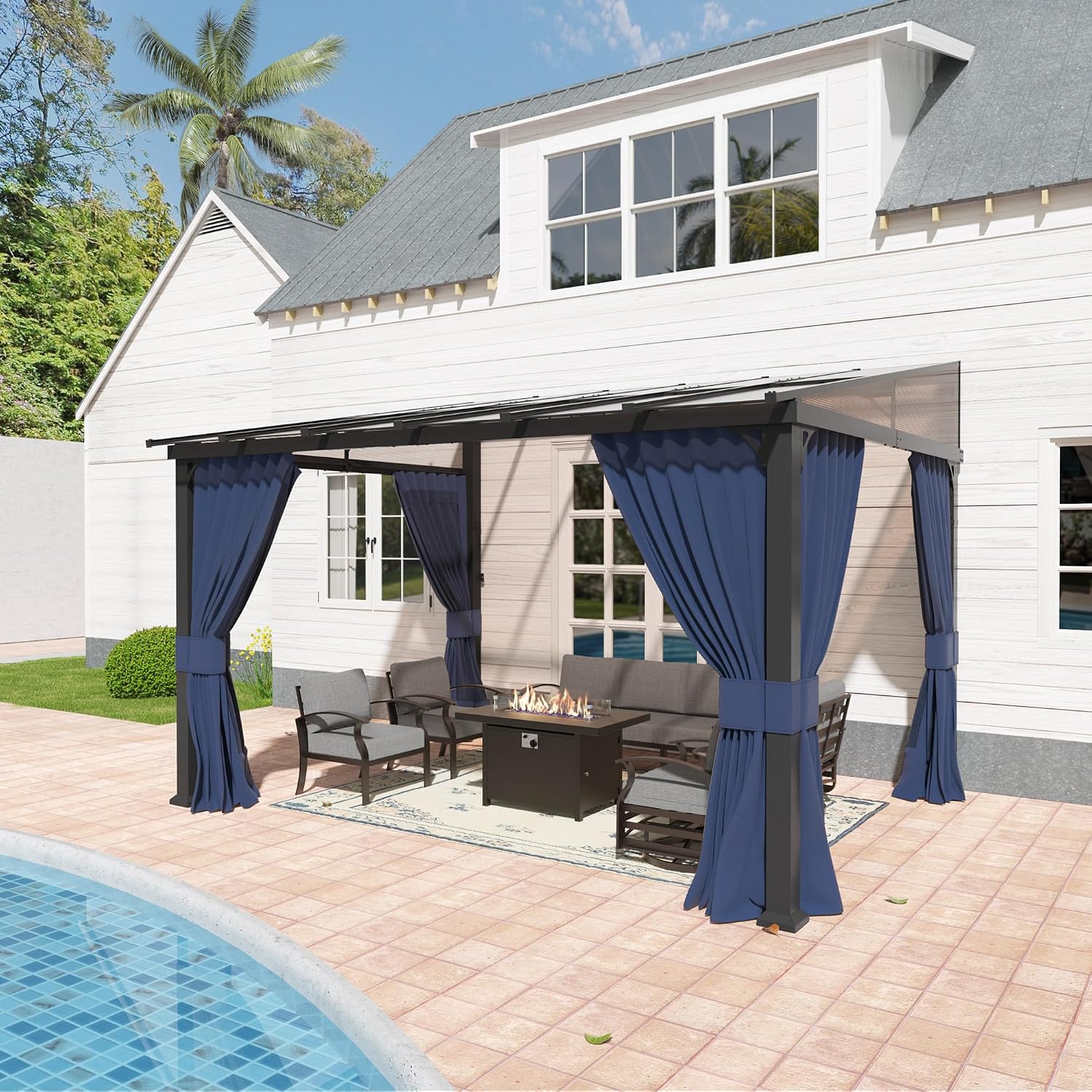 10' x 12' Gazebo for Patio,Wall Mounted Gazebo with Sloping Polycarbonate Roof,Aluminum Frame Outdoor pelgole w/Netting & Curtain for Garden,Deck,Backyard,NavyBlue