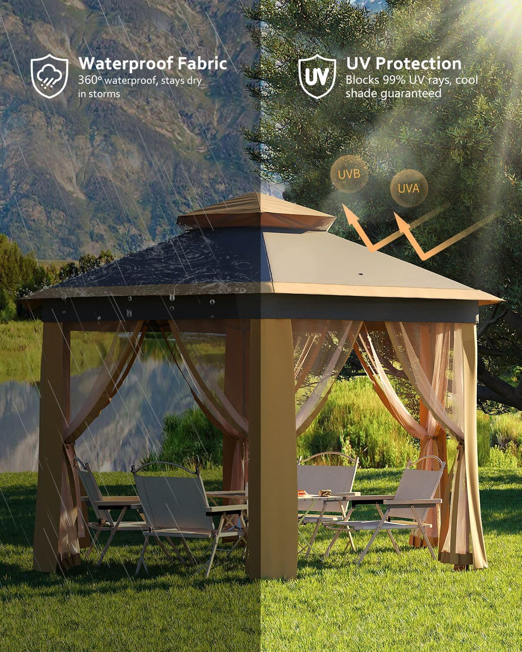 Pop Up Gazebo 13x13, Outside Canopy Tent-6 Side with Mosquito Netting, One Push Setup for Backyard Patio Garden Activities-Khaki
