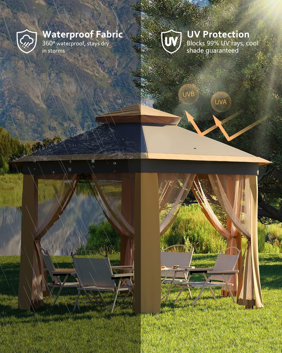 Pop Up Gazebo 13x13, Outside Canopy Tent-6 Side with Mosquito Netting, One Push Setup for Backyard Patio Garden Activities-Khaki