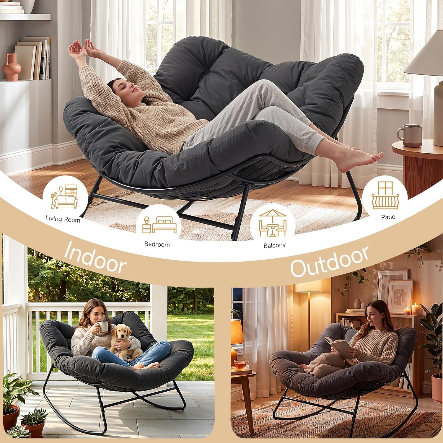 Papasan Rocking Chair Indoor, Oversized Rocking Chair with Thickened Cushion, 450 lbs Comfy Egg Chair Indoor, Lounge Reading Glider Chair for Bedroom, Dark Gray