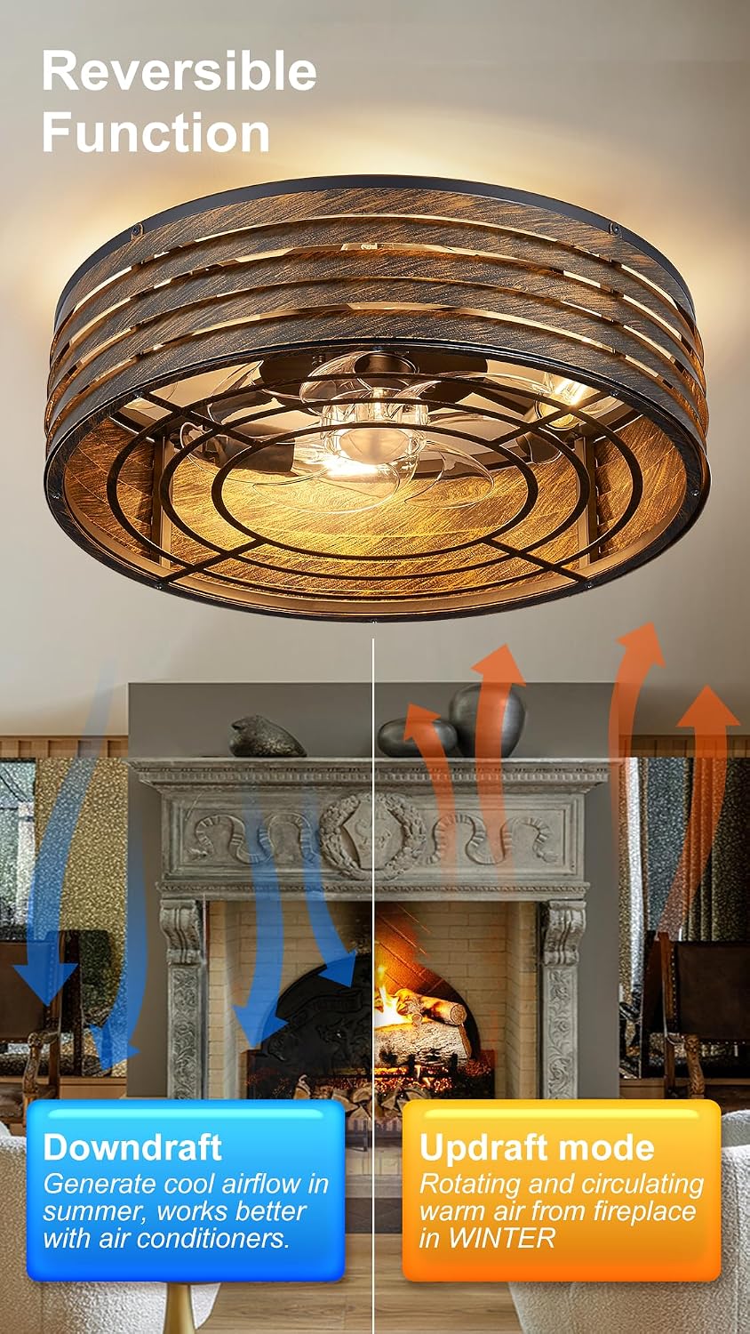 20'' Flush-Mount Ceiling Fan with Light and Remote, Reversible Motor, Perfect for Bedroom, Living Room, Kitchen, Outdoor Gazebo, Patio, Low-Profile Design Cage (Bronze)