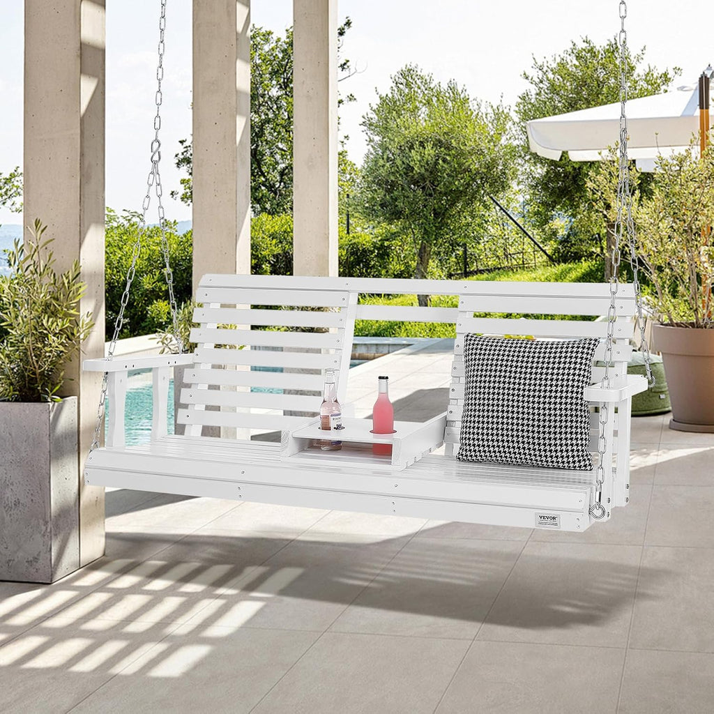VEVOR Wooden Porch Swing 5 ft, Patio Bench Swing for Courtyard & Garden, Upgraded 880 lbs Strong Load Capacity, Heavy Duty Swing Chair Bench with Hanging Chains for Outdoors, White
