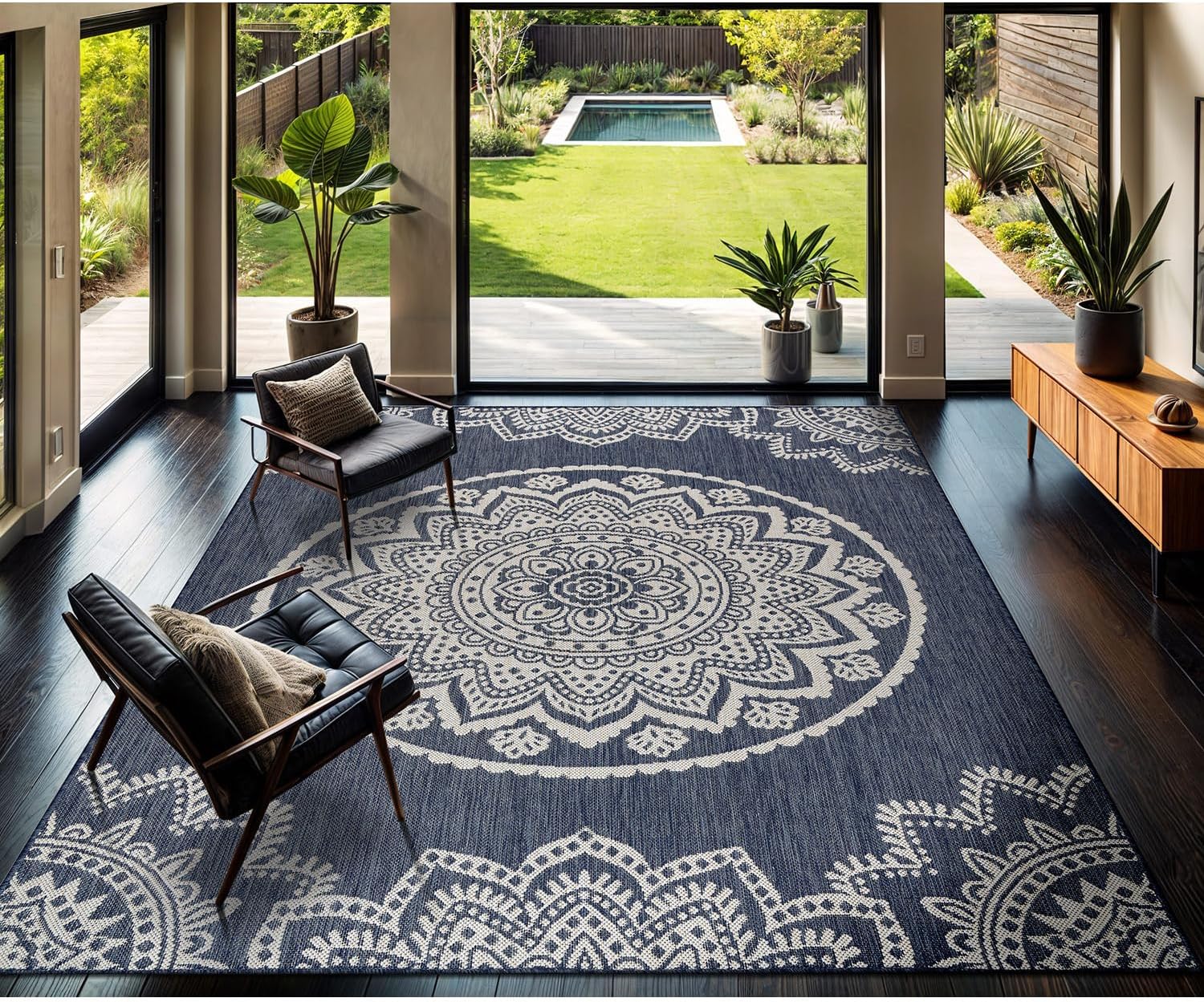 CAMILSON Outdoor Rug 9x12 Modern Area Rugs for Large Indoor and Outdoor Patios and Porches - Waterproof Washable Non-Shedding, Easy-to-Clean Outside Carpet (9 x 12, Medallion - Blue/White)