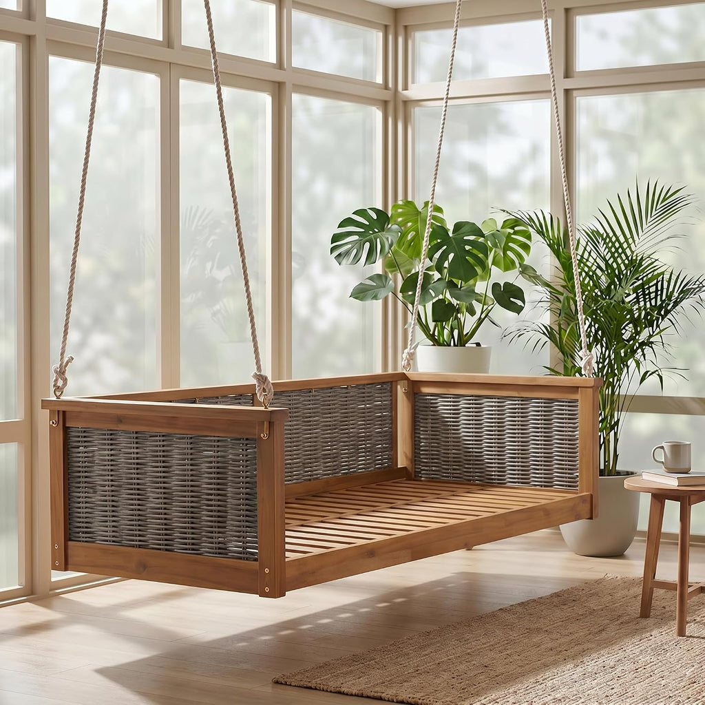 Acacia Wood & Rattan Twin Size Outdoor Swing Bed with Hanging Ropes - 3 Color Options for Backyard or Porch Relaxation (Teak/RR)