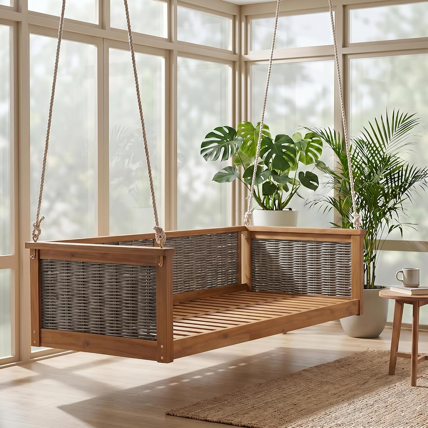 Acacia Wood & Rattan Twin Size Outdoor Swing Bed with Hanging Ropes - 3 Color Options for Backyard or Porch Relaxation (Teak/RR)