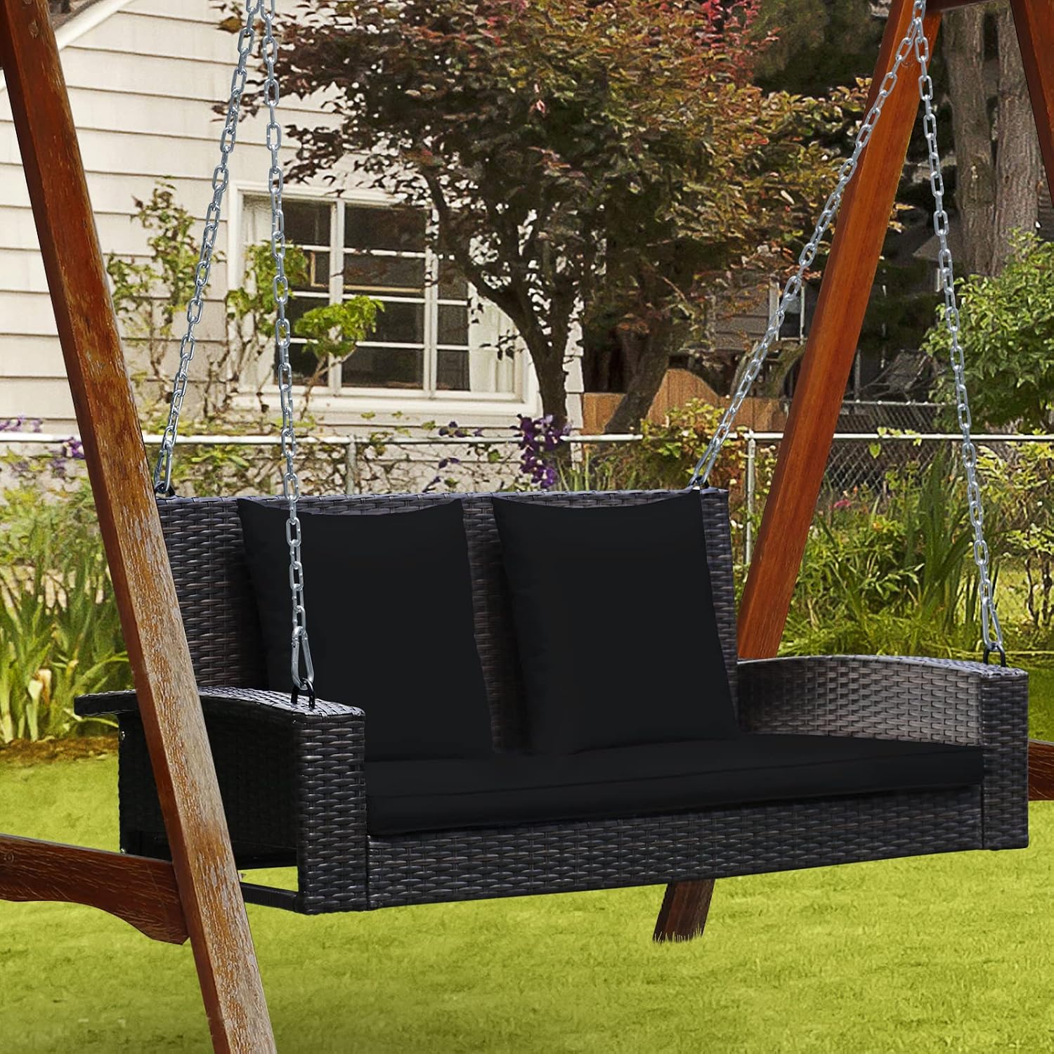 RELAX4LIFE Porch Swing 2-Seat Patio Rattan, Wicker Porch Swings Outdoor W/Two 7.9 Ft Solid Steel Chain, Comfortable Back & Seat Cushions, for Front Porch, Garden, Backyard Patio Swing (Black)