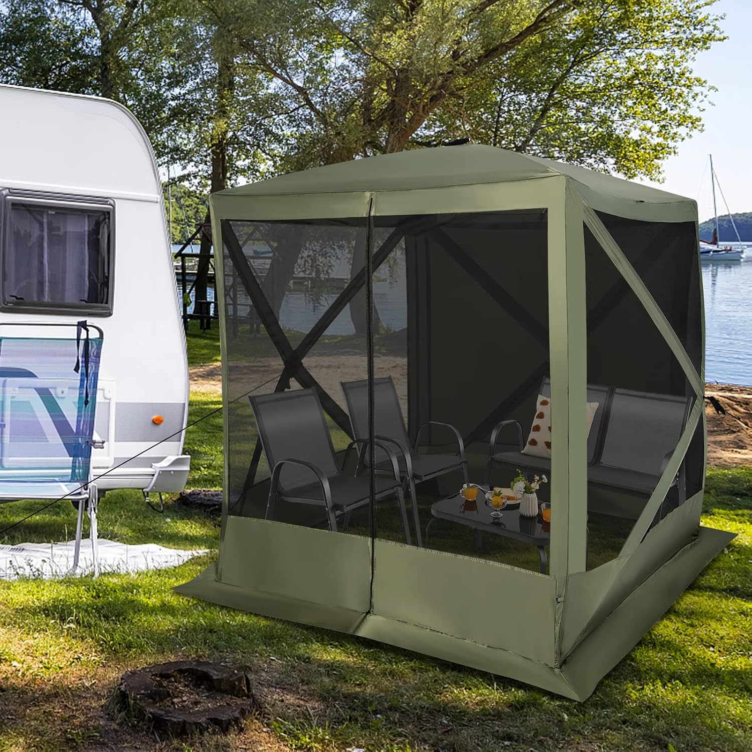 KOTEK 4 Sided Pop Up Gazebo, Outdoor Canopy Shelter with Mesh Walls, Portable Carry Bag, 2 Wind Cloth, 4 Person Screen Tent for Camping Traveling Hiking Patios Lawn Backyard, 6.7x6.7 ft (Green)