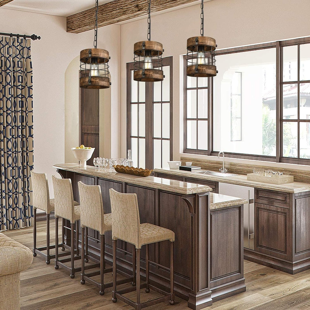 Retro Industrial Metal and Wood Farmhouse Chandeliers, 1-Light Round Cage Pendant Light Fixtures for Farmhouse Kitchen Island Foyer Hallway Bar Dining Room Restaurant, Brown, 2 Pack