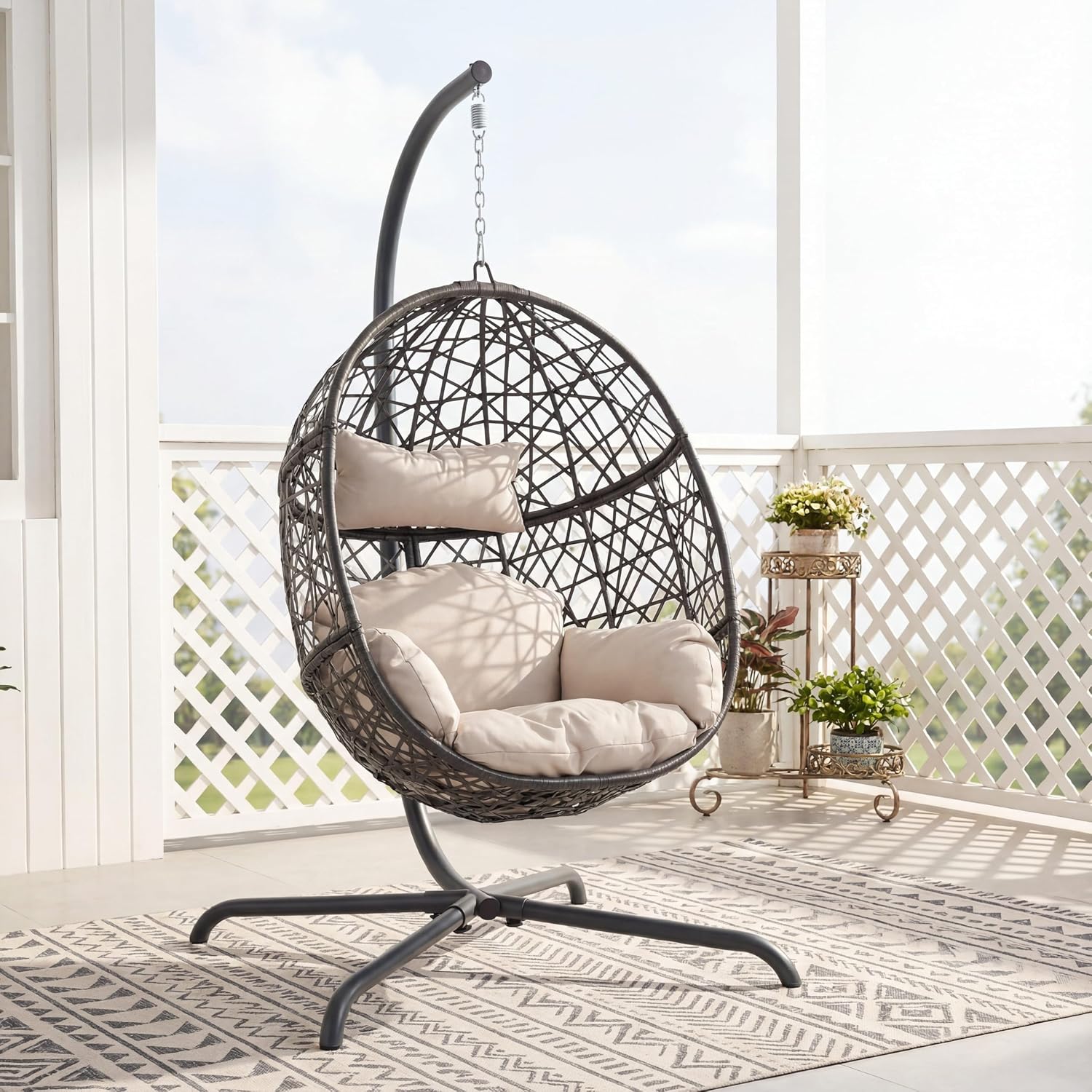 NICESOUL Bird Cage Swing Egg Chair, UV/Water-Resistant 450lbs Capacity Wicker Swinging Chairs with Stand, Comfy Oversized Hanging Seat w/Cushion, Metal Frame & Cover for Indoor Outdoor, Grey & Beige