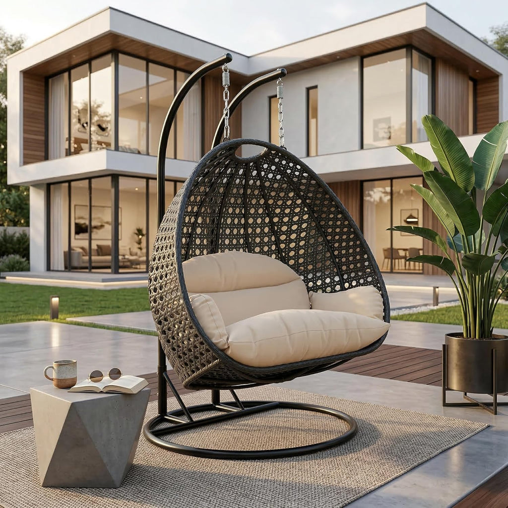LeisureMod 2-Person Hanging Egg Chair with Stand, Dark Grey Cushions, Indoor Outdoor Wicker Patio Swing, Lounge Hammock Seat for Bedroom, Garden, Porch, Heavy-Duty Steel Frame (Cream)