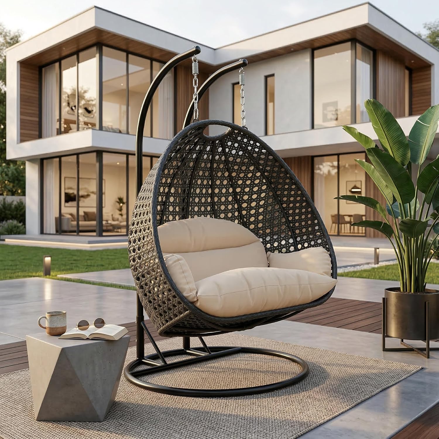 LeisureMod 2-Person Hanging Egg Chair with Stand, Dark Grey Cushions, Indoor Outdoor Wicker Patio Swing, Lounge Hammock Seat for Bedroom, Garden, Porch, Heavy-Duty Steel Frame (Cream)