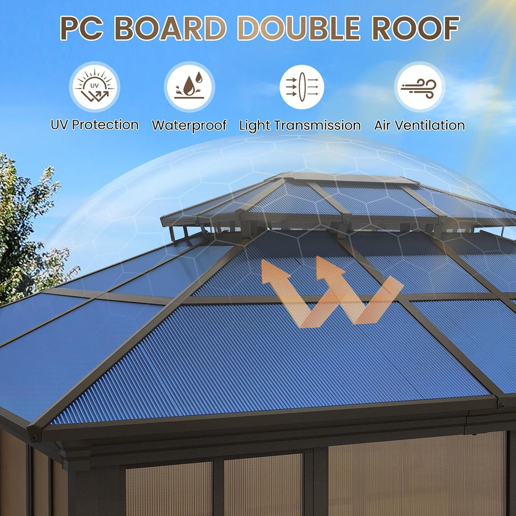 EROMMY 10x12 Sunroom Gazebo, Polycarbonate Roof Outdoor Solarium with Sliding Door & Adjustable Window Panels, Enclosed Patio Sunroom with Mesh Screens, Aluminum Frame Backyard Enclosure