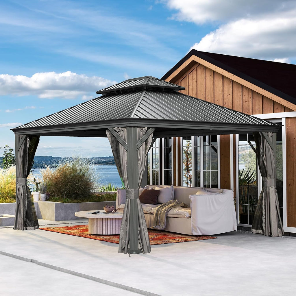 Domi 10x12FT Outdoor Gazebo, Hardtop Gazebo with Galvanized Steel Double Roof, Metal Gazebos with Drainage System Patio Pergola for Patio Deck Backyard,Curtain and Netting,Gray