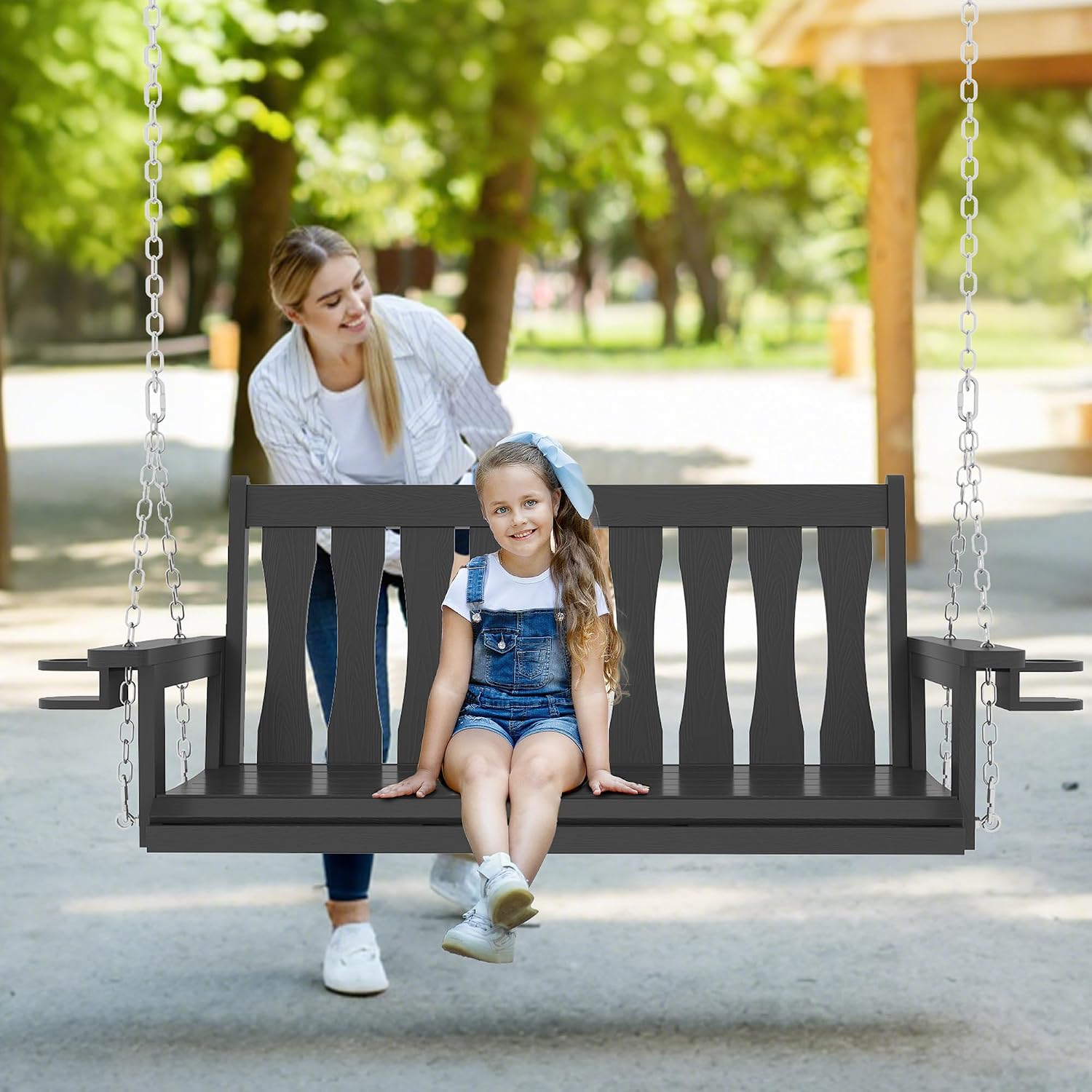 HIPS All-Weather Outdoor Hanging Porch Swing,2 Seat Hanging Swing Bench with Cup Holders,Patio Swing Chair with Hanging Chains for Courtyard & Garden