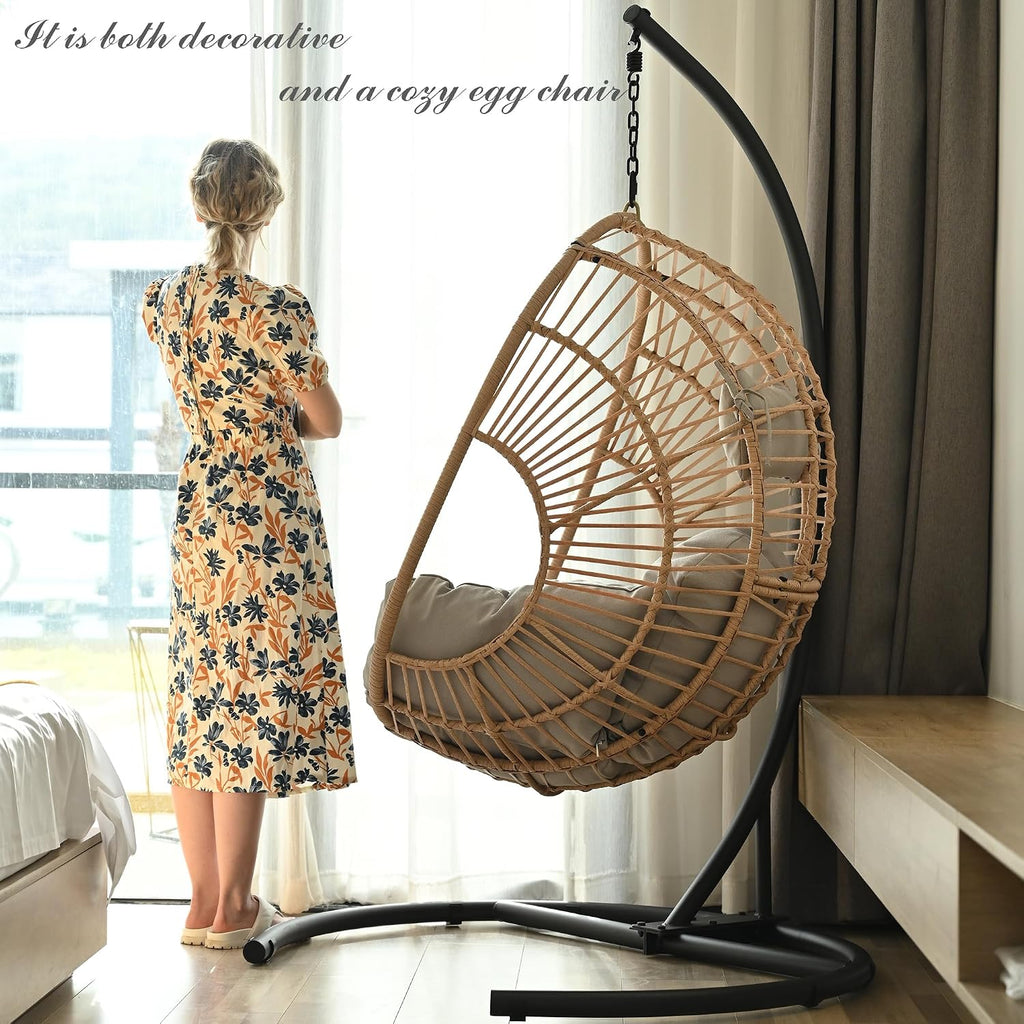 Hanging Egg Chair with Stand - Egg Swing Chair Outdoor Indoor Patio Wicker Chair Swing Hammock Egg Chairs 400lbs Capacity for Outside Patio, Bedroom, Garden, Balcony（Beige-Regular, 1PC