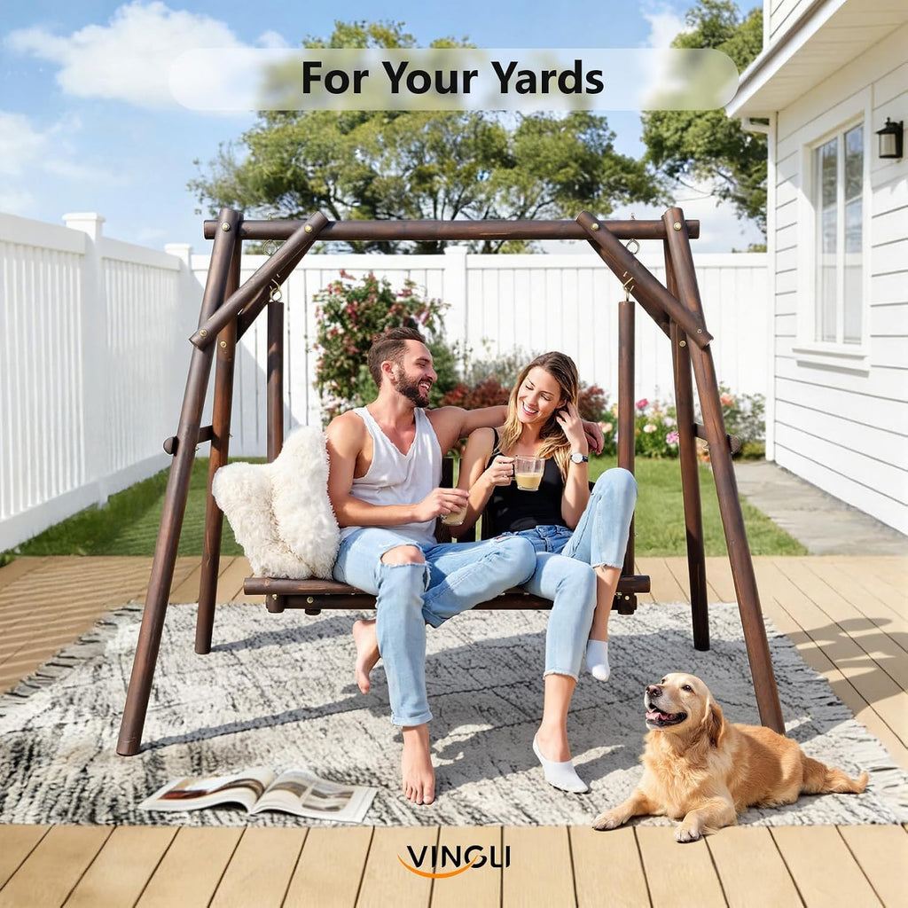 VINGLI Heavy Duty 880 LBS Wooden Patio Porch Swing with A-Frame Stand, Hanging Swing Bench Chair with Frame for Outside, Yard, Garden (Rustic Sequoia Dusk)