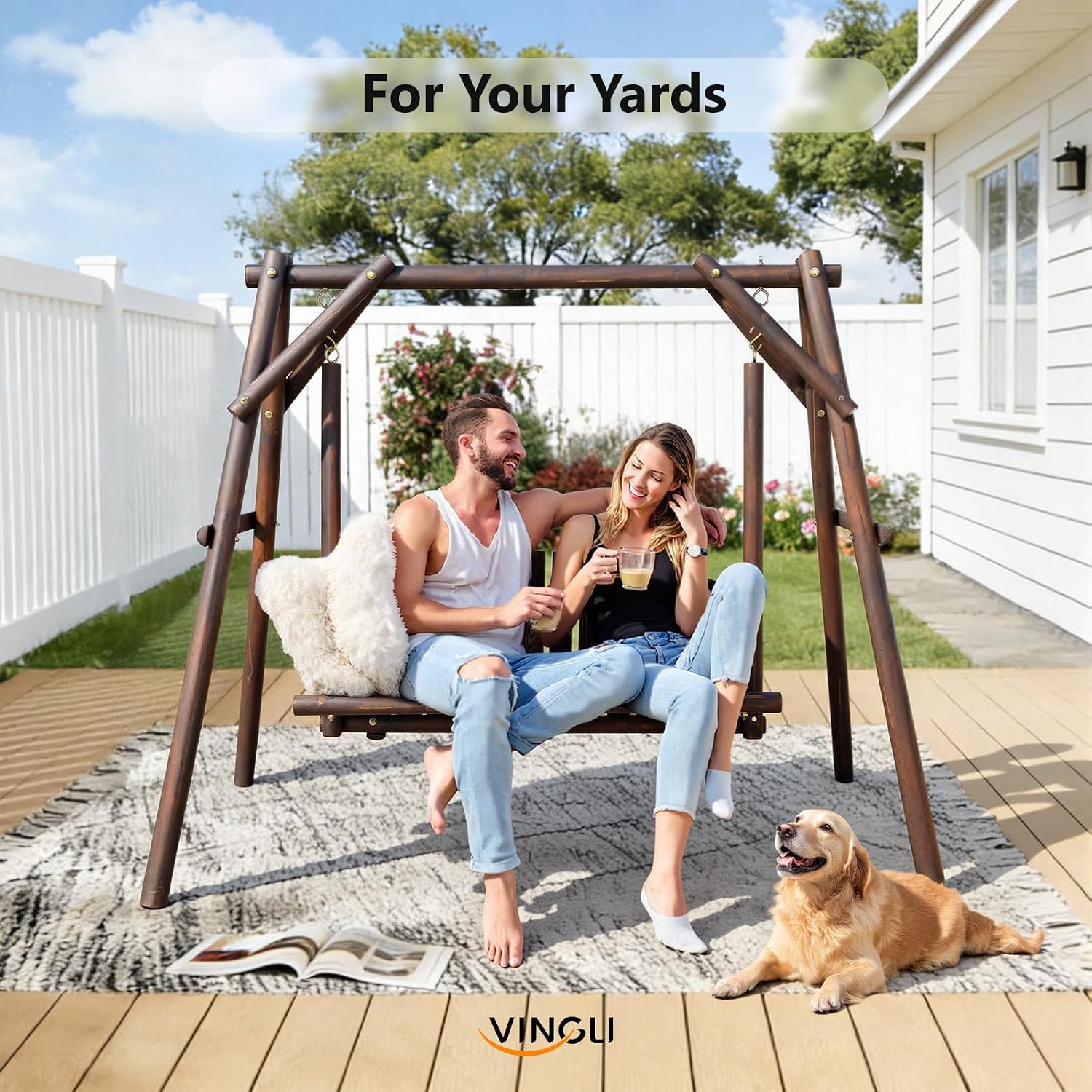 VINGLI Heavy Duty 880 LBS Wooden Patio Porch Swing with A-Frame Stand, Hanging Swing Bench Chair with Frame for Outside, Yard, Garden (Rustic Sequoia Dusk)