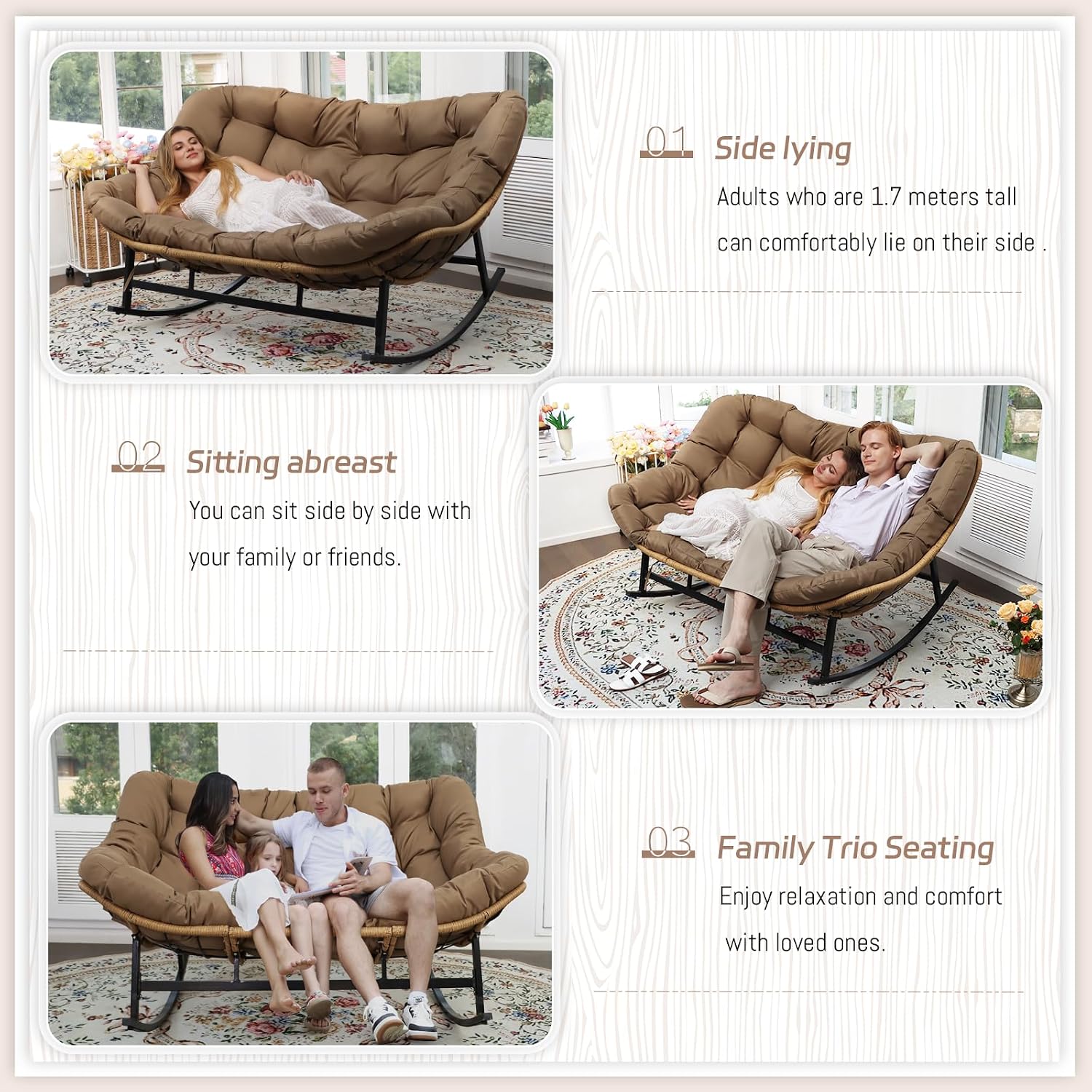 BULEXYARD Double Papasan Rocking Chair Indoor Outdoor, 2 Person Wicker Rocking Egg Chair with Cushions for Relaxing/Napping, Heavy Duty Cozy Patio Lounge Loveseat for Balcony, Porch, Brown