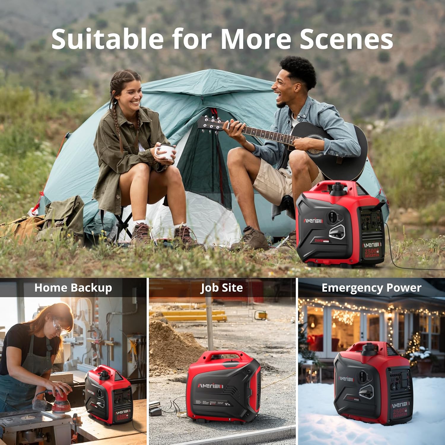 AMERISUN Portable Inverter Generator 2500W Gas Powered, Long Runtime Gas Generator for Home Backup, Emergency, Camping, EPA Compliant