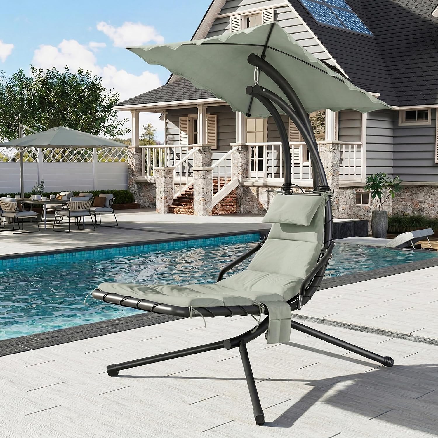 Hanging Chaise Lounge Swing Chair, Hanging Curved Chaise Lounge Chair Umbrella, Curved Steel Hammock Lounger Chairs for Outdoor Indoor Patio Pool Garden Backyard Porch