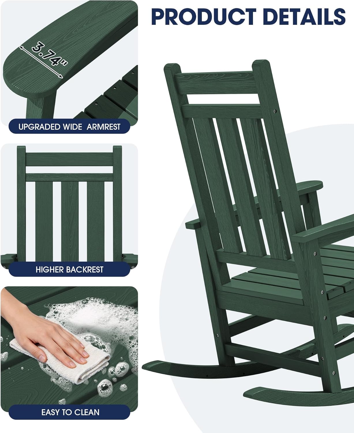 KINGYES Oversized Outdoor Rocking Chair Set of 2, All-Weather Patio Rocking Chairs for Porch, HDPE Outdoor Patio Rockers with High Back & Wide Seat for Garden, Lawn, Green