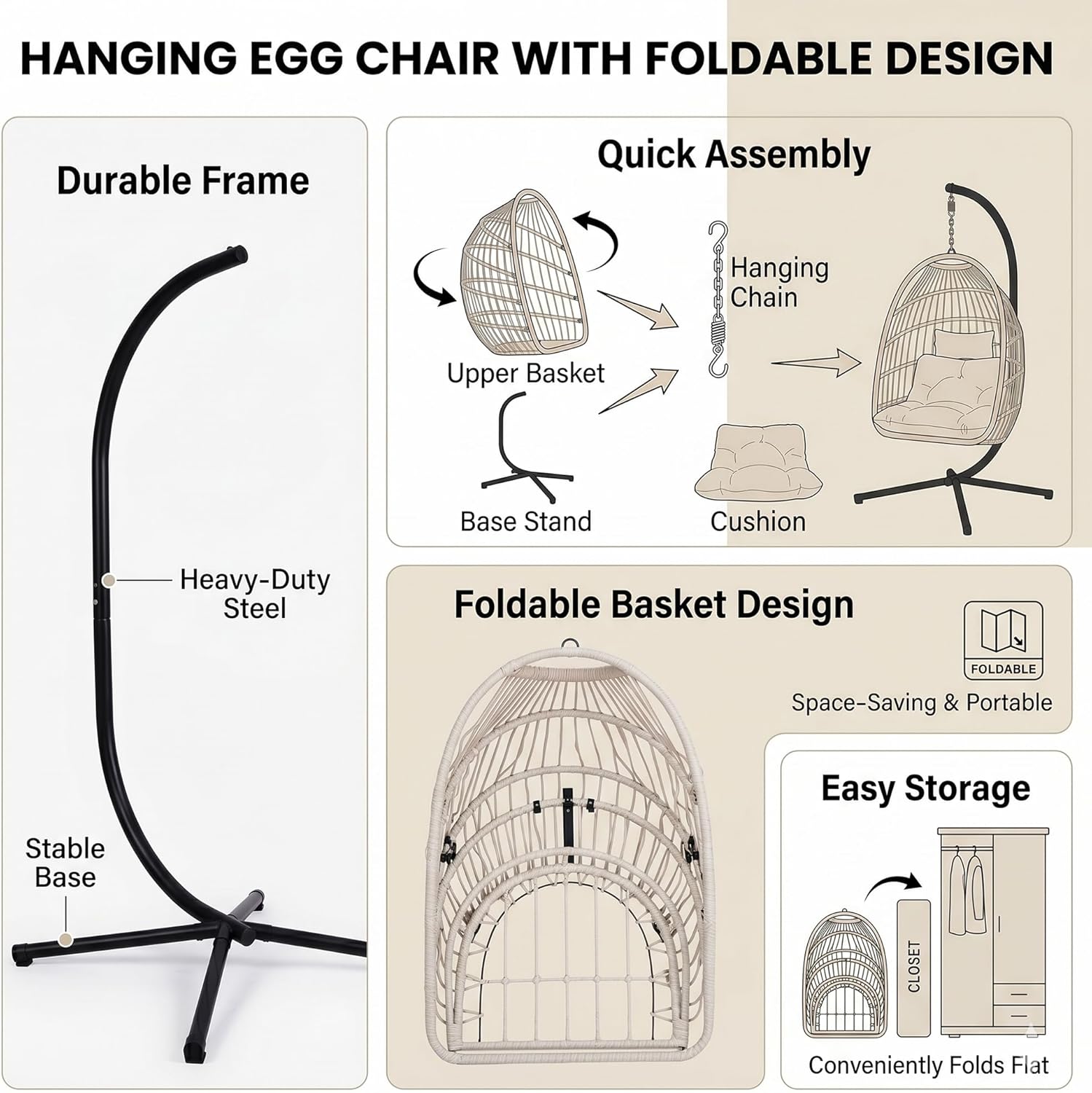Foldable Hanging Egg Chair with Stand, HDPE Rattan and Heavy Duty Aluminum-Steel Frame, Outdoor Patio Wicker Swing Egg Chair with Headrest and Cushion, 350 Lbs Capacity, White